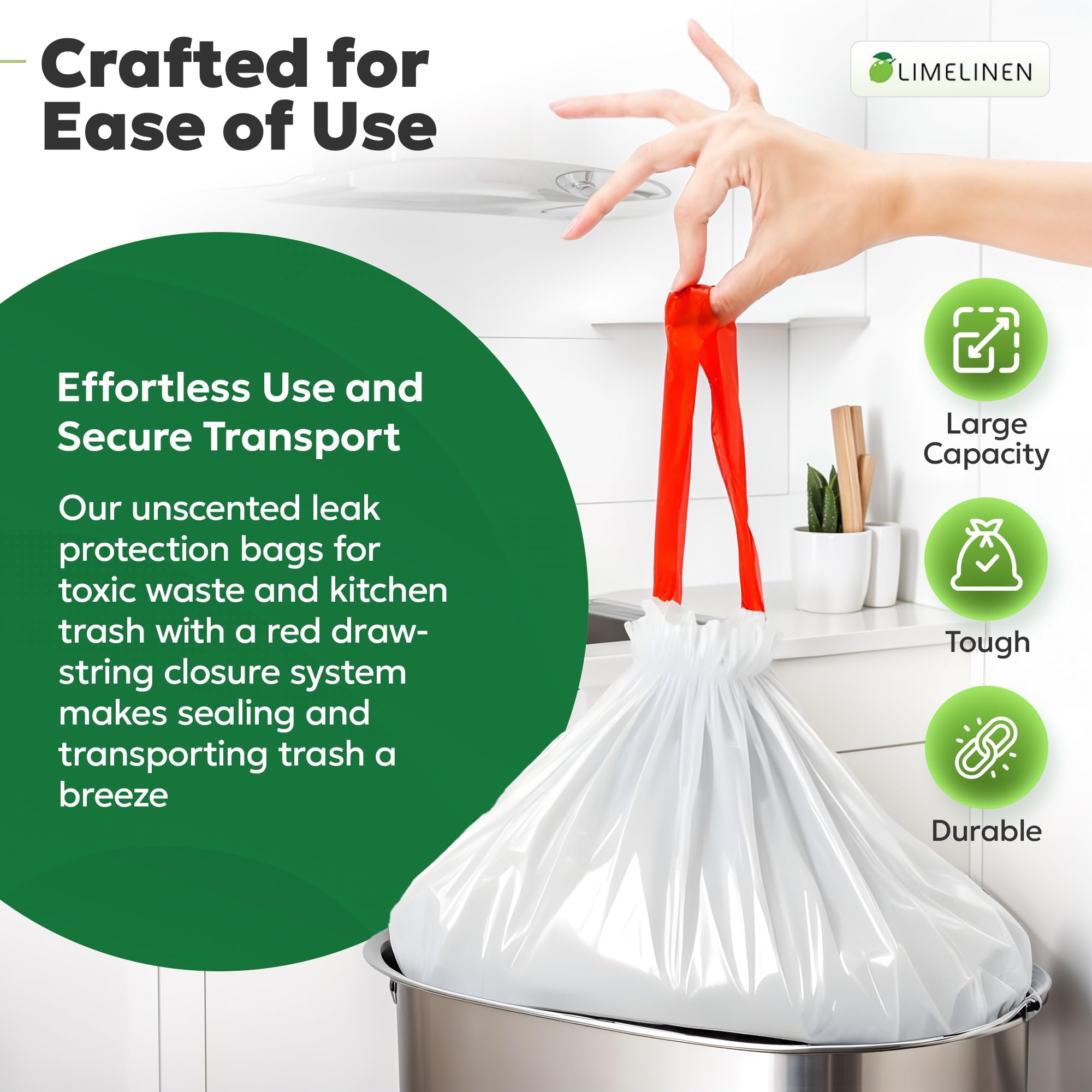 LIMELINEN Tall Kitchen Trash Bags with Drawstring, 200 Count, 13-gallon Trash Bag of 0.9 mil Thickness, Leak and Odor-Resistant, Heavy-Duty Plastic