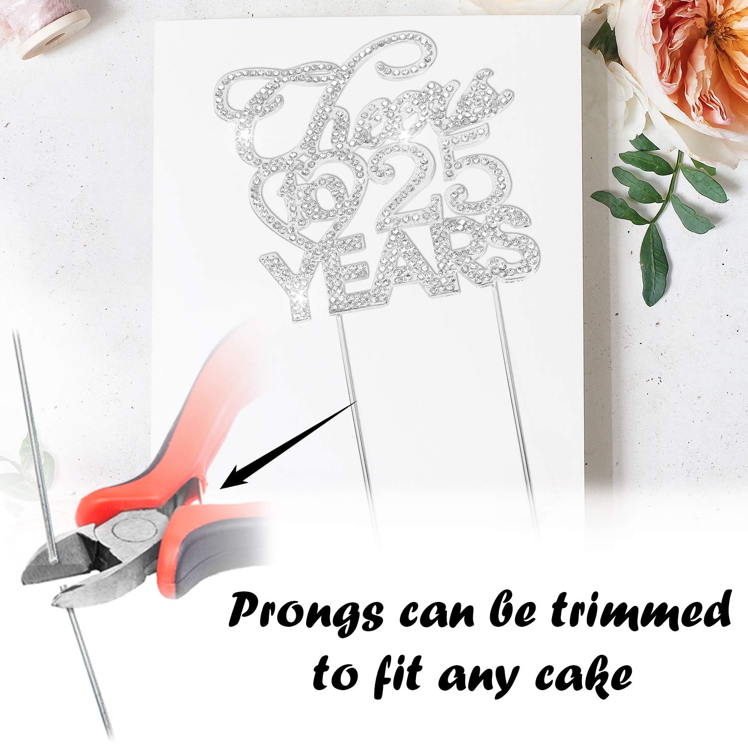 Bling Crystal Cheers To 25 Years Cake Topper - Best Keepsake 25th Birthday Or Anniversary Decor Party Decorations Silver