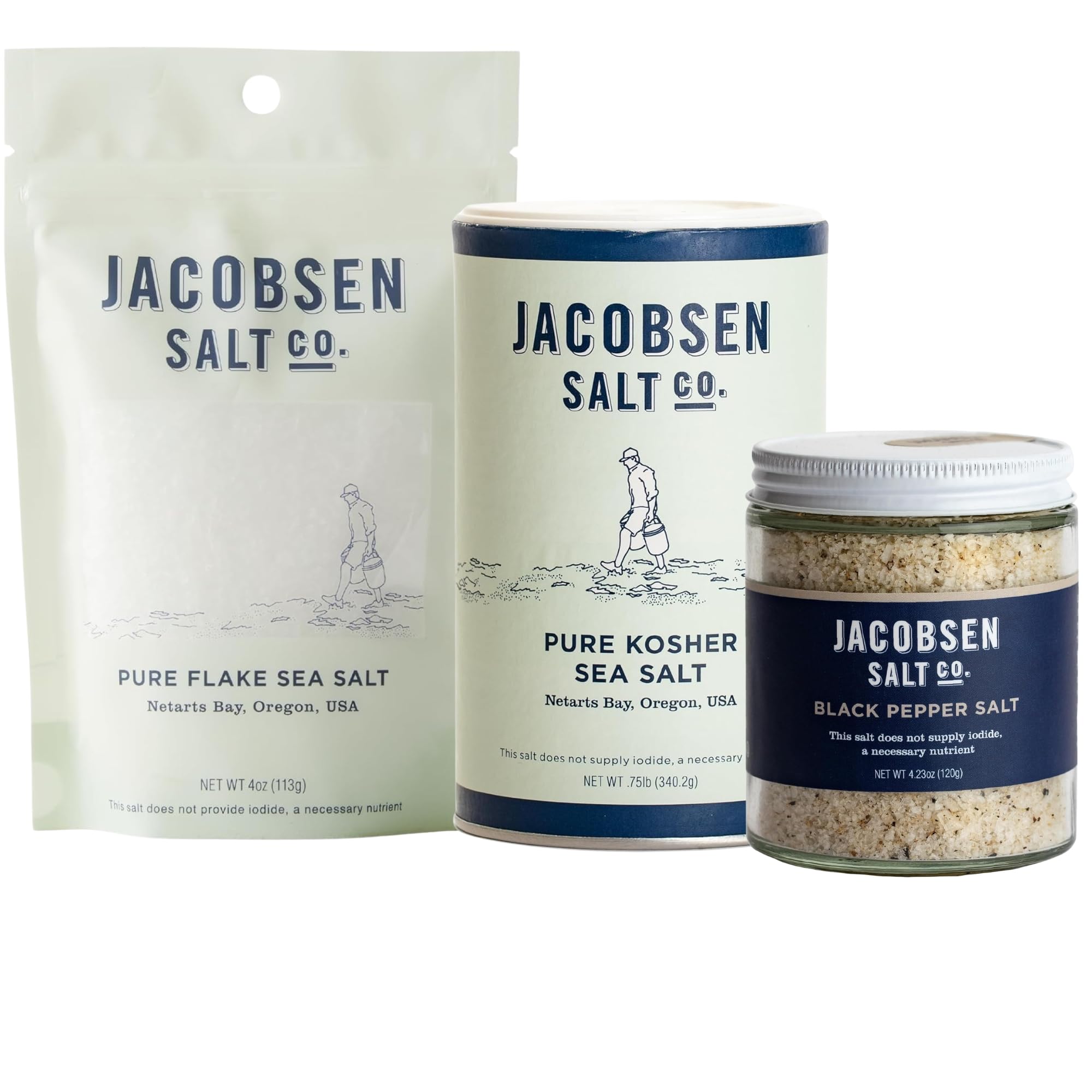 Jacobsen Salt Co. Variety Pack - Coarse, Non-Iodized Made in USA, Non-GMO, Steak Seasoning, Gourmet, Real Salt Flakes - Pure Kosher, Flake & Black
