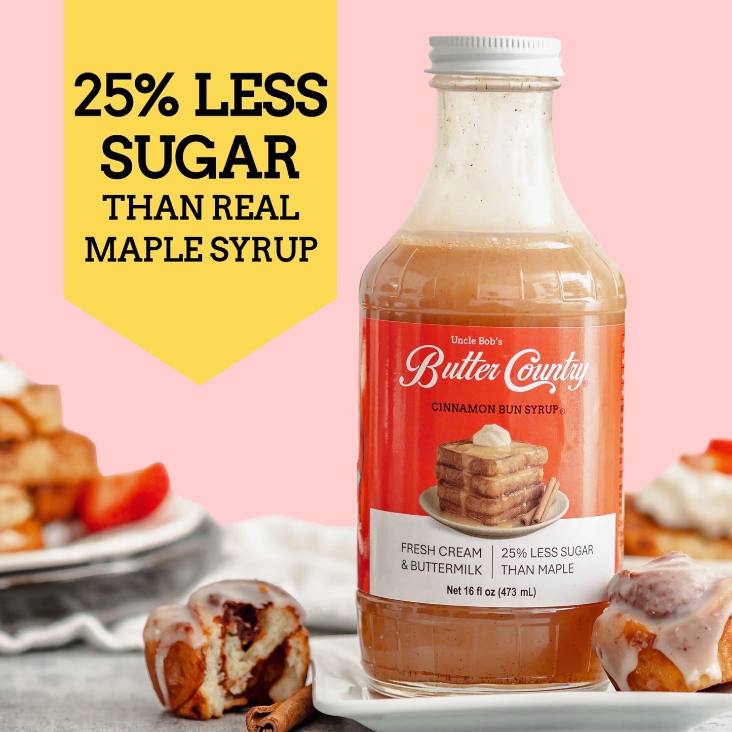 Uncle Bob's Butter Country Rich & Creamy Cinnamon Bun Flavored Buttermilk Syrup for Pancakes, Waffles, French Toast, & More, No Corn Syrup, Gluten