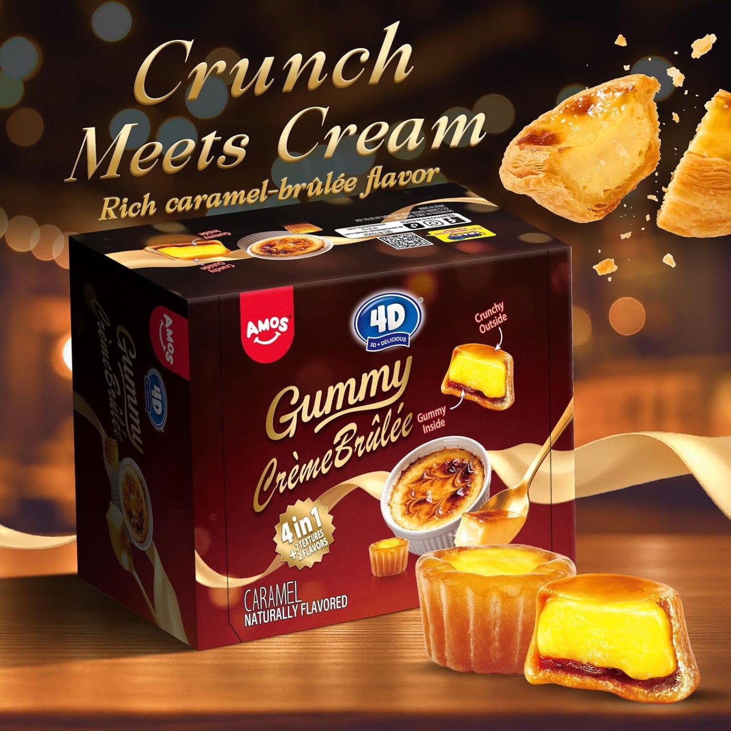 Amos 4D Creme Brulee Gummy Candy, Caramel Flavored Soft Chewy Gummies, Individually Wrapped On The Go Snacks, 8.47 oz (240g)