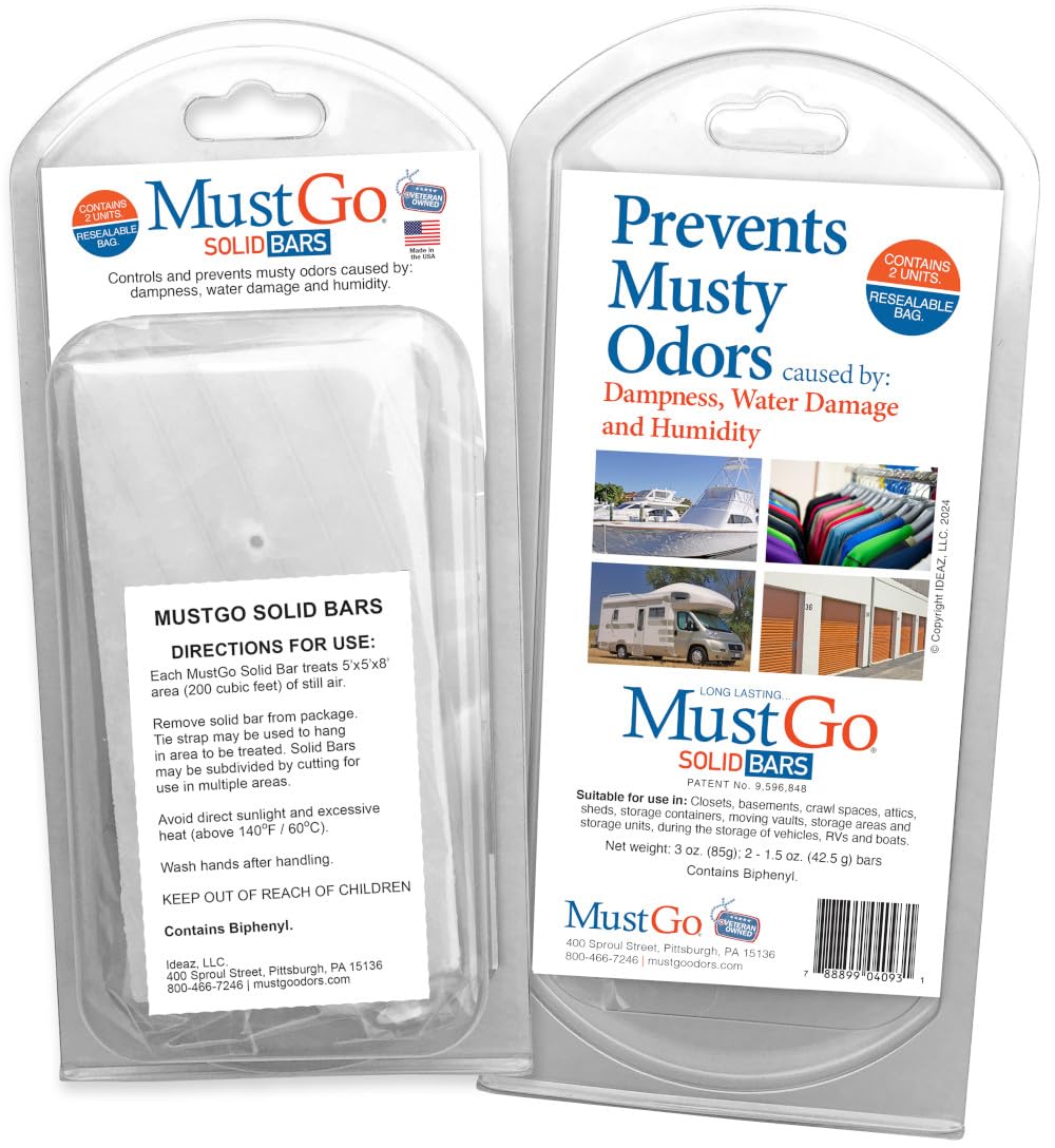 MustGo Solid Bars - Controls, Removes and Prevents Musty Odors in Closets, Basements, Attics, Sheds and Storage Units - Unscented (2 Pack)