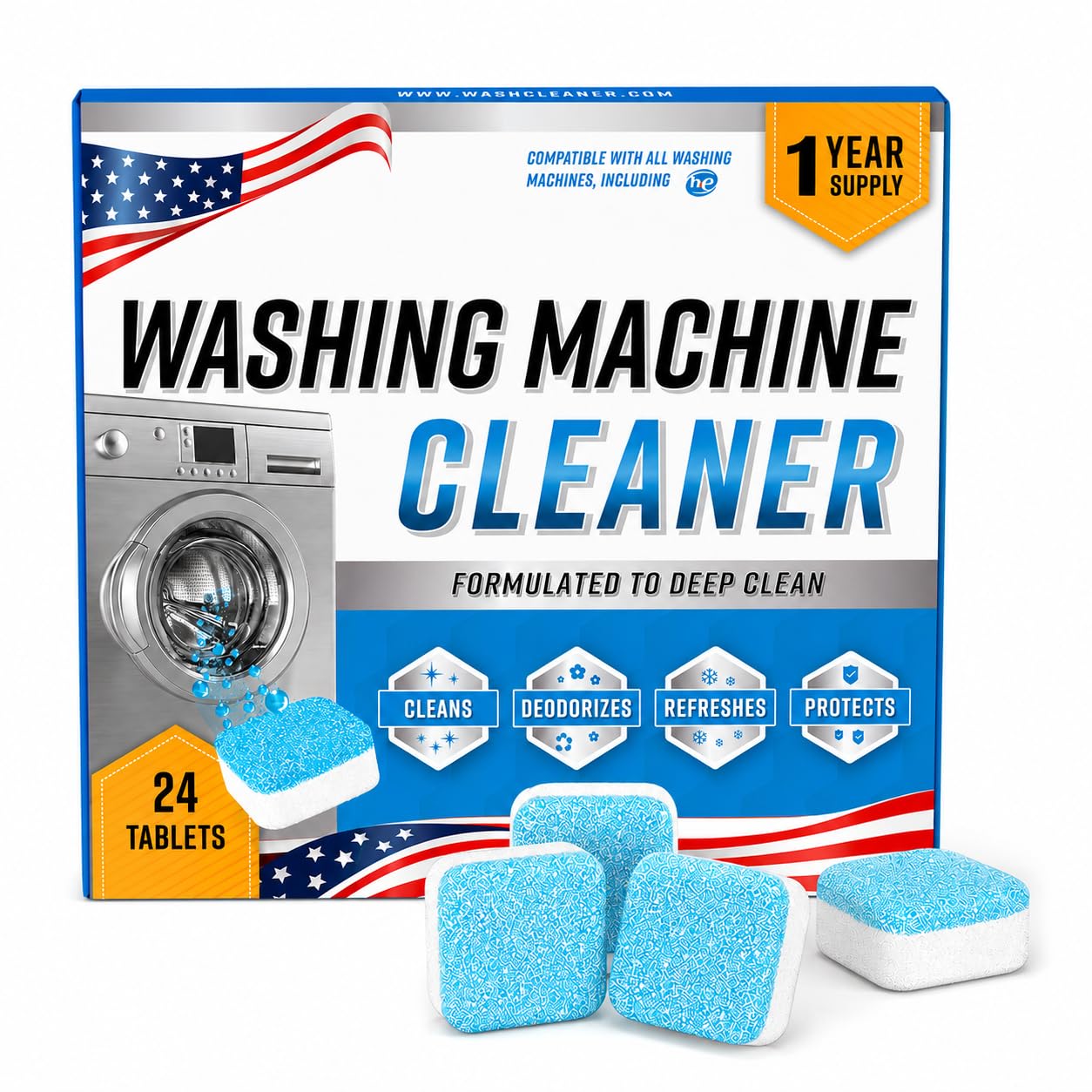 Washing Machine Cleaner Tablets 24 Pack, Washer Machine Cleaner Descaler for HE Front Loader & Top Load Washers, Laundry Machine Cleaner Tablets