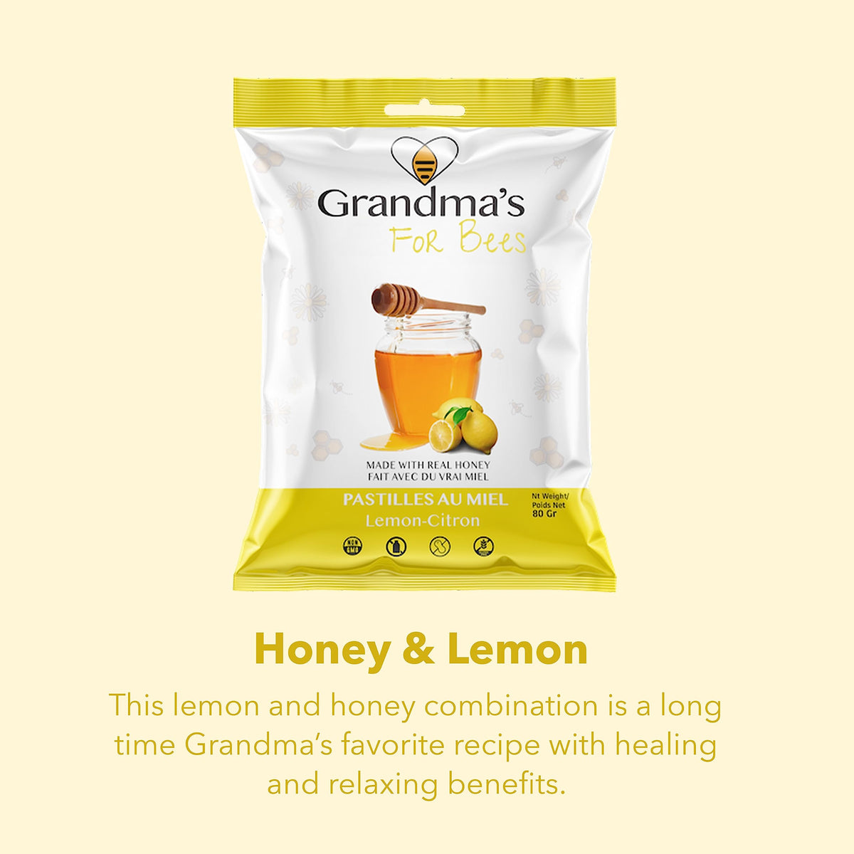 Grandma's For Bees | Old Fashioned Honey Drops - Get Well Soon Gift Pack | 4 Flavours: Mint, Lemon, Eucalyptus, Echinacea | 4 x 80g Bags
