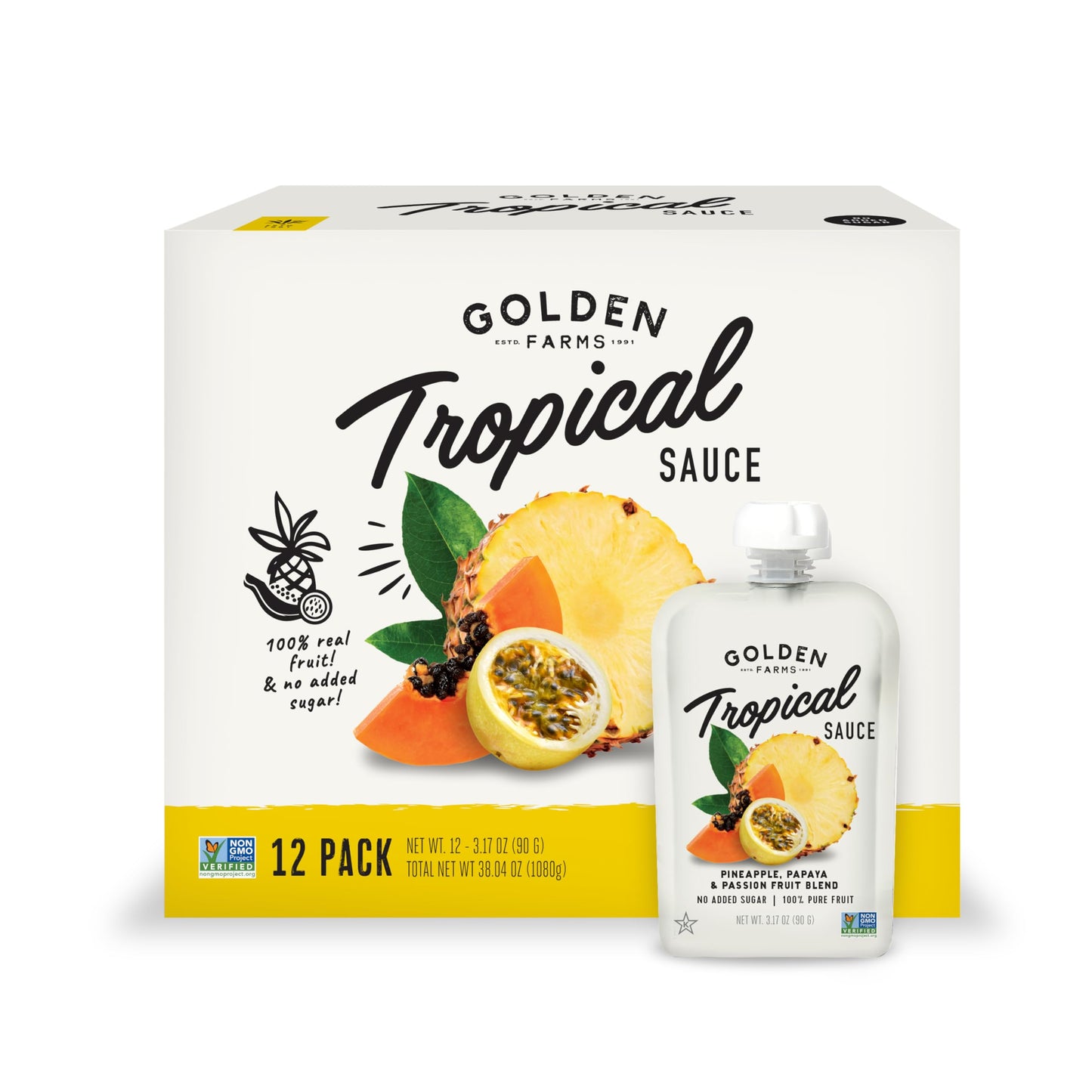 Golden Farms Tropical Pouches, Low Ingredient Healthy Snacks (Pack of 12), 100% Pure Fruit, No Added Sugar, Vegan, Gluten-Free, Kosher, Non-GMO