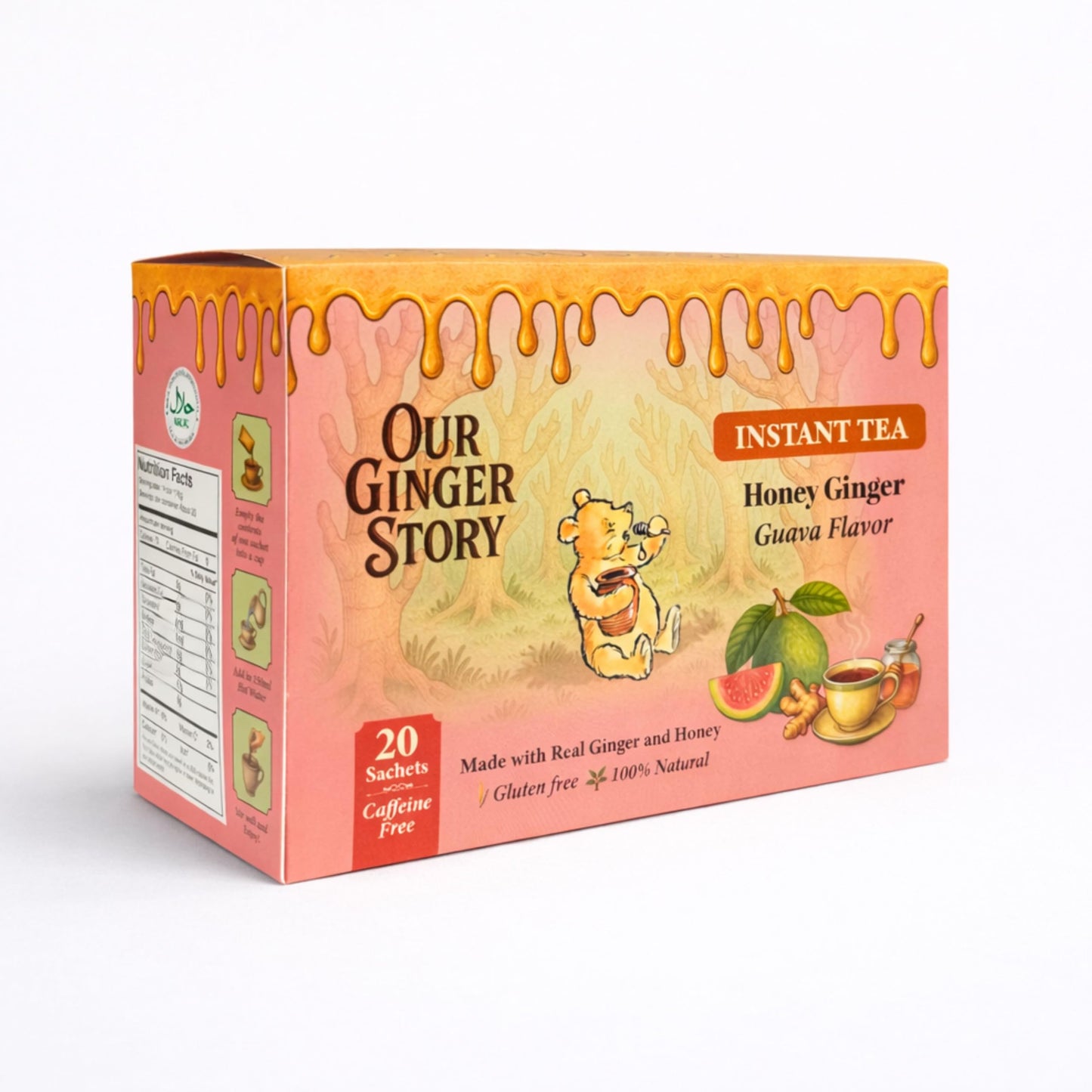 Premium Honey Ginger Instant Tea Crystals Guava Flavor 20 Sachets Real Ginger Real Honey Pure Cane Sugar Caffeine Free Hot Or Cold Single Serve Drink