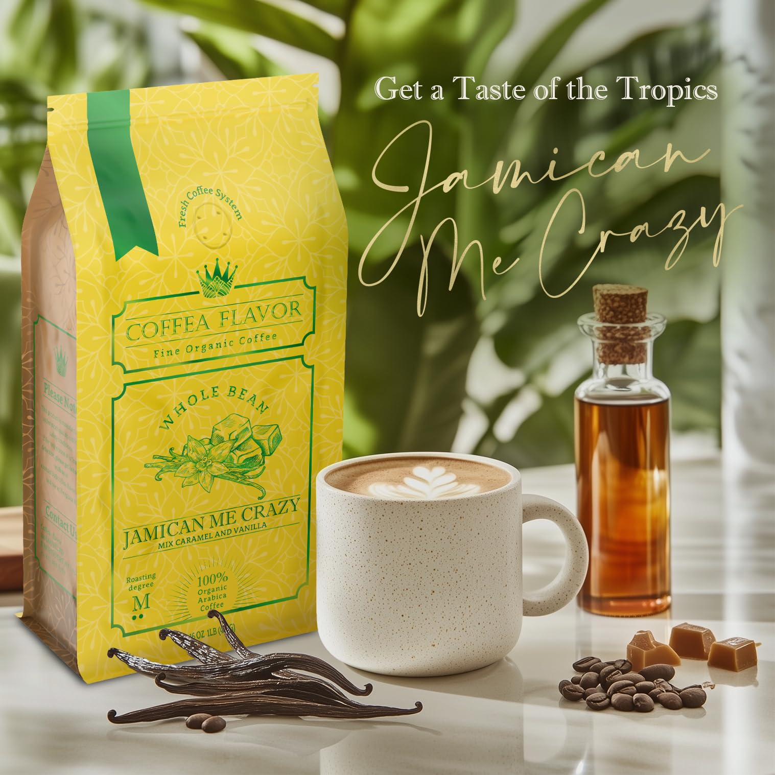 Jamaican Me Crazy Whole Bean Coffee - 100% Arabica, Single Origin, Medium Roast, Naturally Sweetened, Caramel and Vanilla Flavored - Perfect for Cold