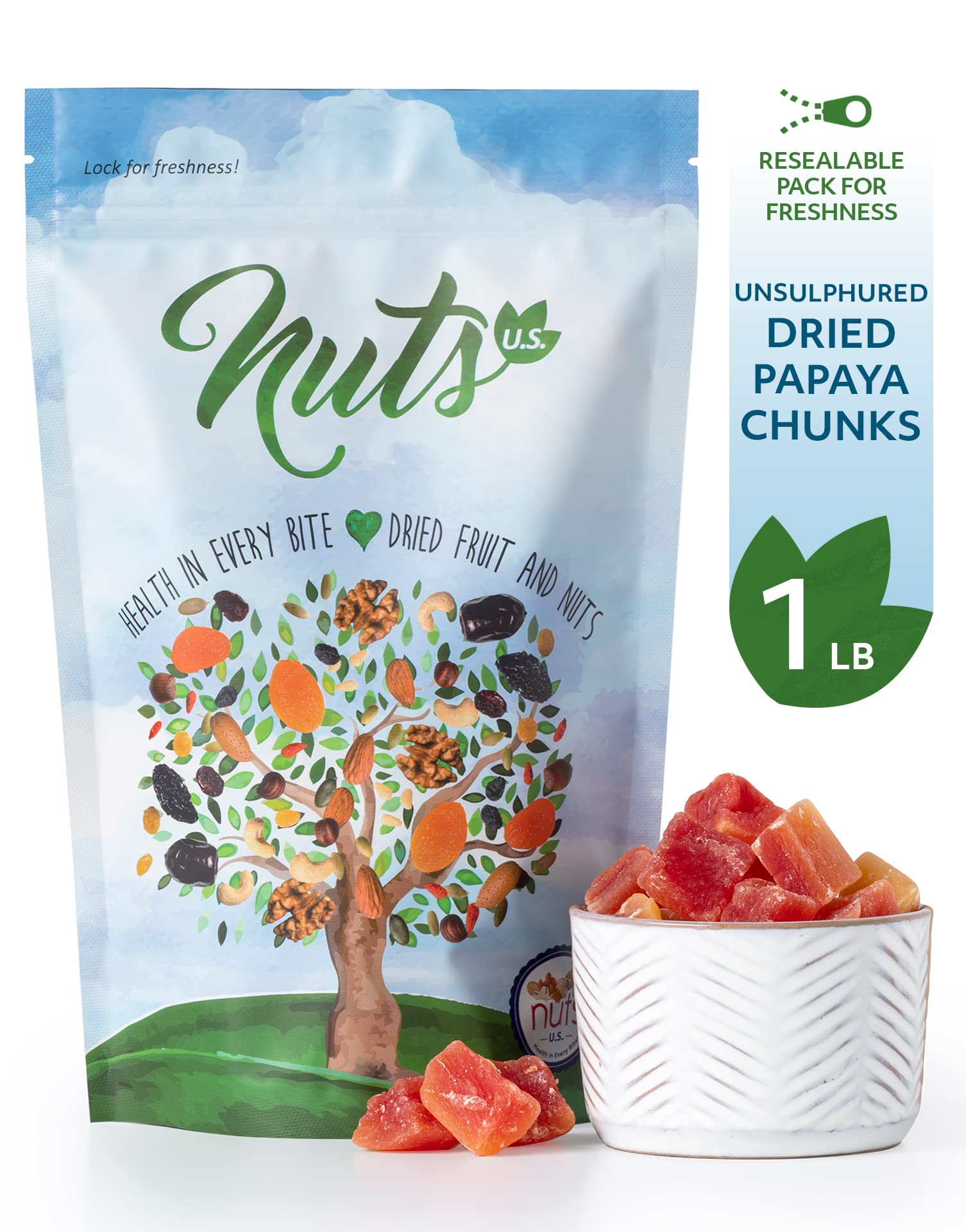 NUTS U.S. - Unsulphured Dried Papaya Chunks | Low Sugar | No Color Added | NON-GMO and Gluten Free | Vegan Snacks | Packed in a Resealable Bag!!! (1