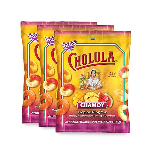 Huer - Cholula Chamoy Tropical Gummy Rings 3 Pack - Sweet & Spicy Mango, Watermelon & Pineapple Candy with Cholula Twist - 3.5oz Bags (Pack of 3)