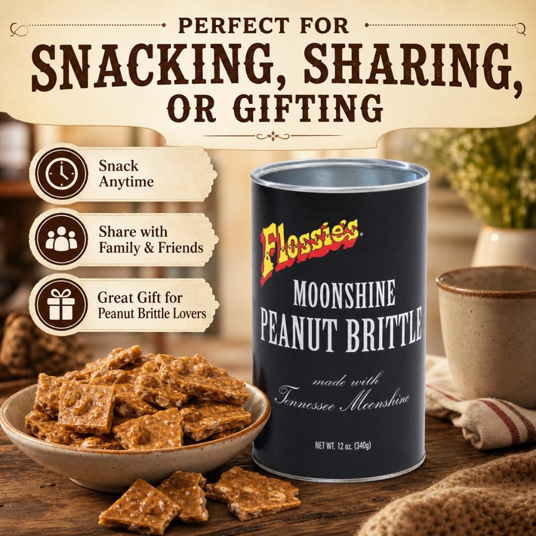 Flossie's Tennessee Moonshine Classic Peanut Brittle, Handmade Crunchy Candied Peanuts w/Touch of Southern Nostalgia, Authentic Recipe, 12 oz Can