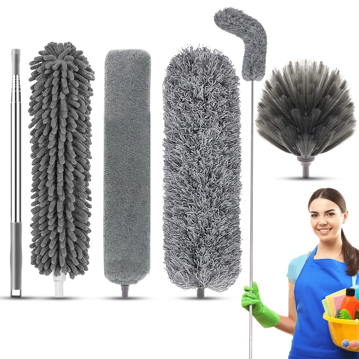 5PCS Microfiber Feather Duster,Extendable Cobweb Duster with 100 Inches Stainless Steel Reusable Bendable Washable Ceiling Fan Cleaner