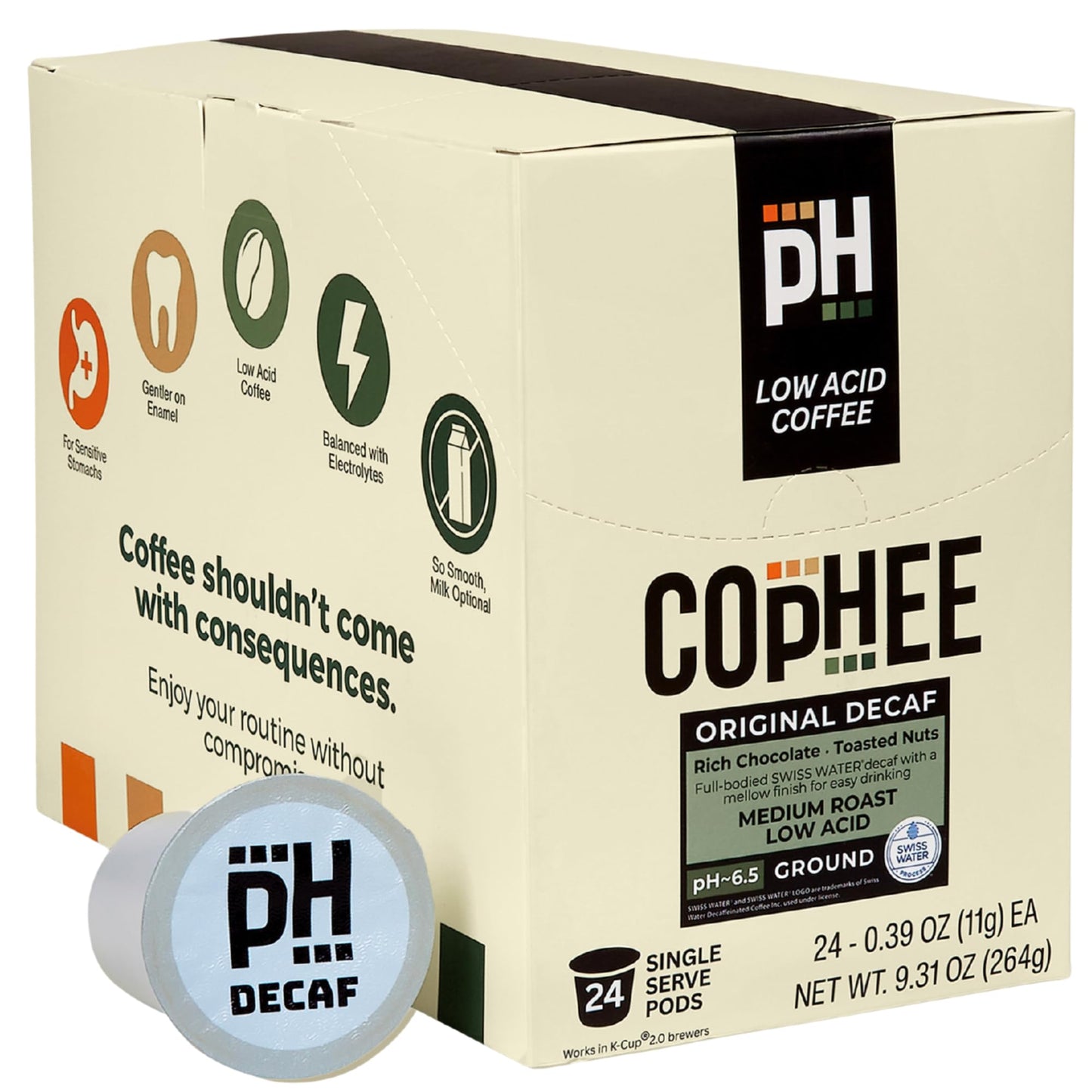 Low Acid Coffee - Decaf Coffee Pods - Medium Roast - Smooth Non-GMO Arabica Coffee - Electrolyte Infused for Sensitive Stomachs, Acid Reflux