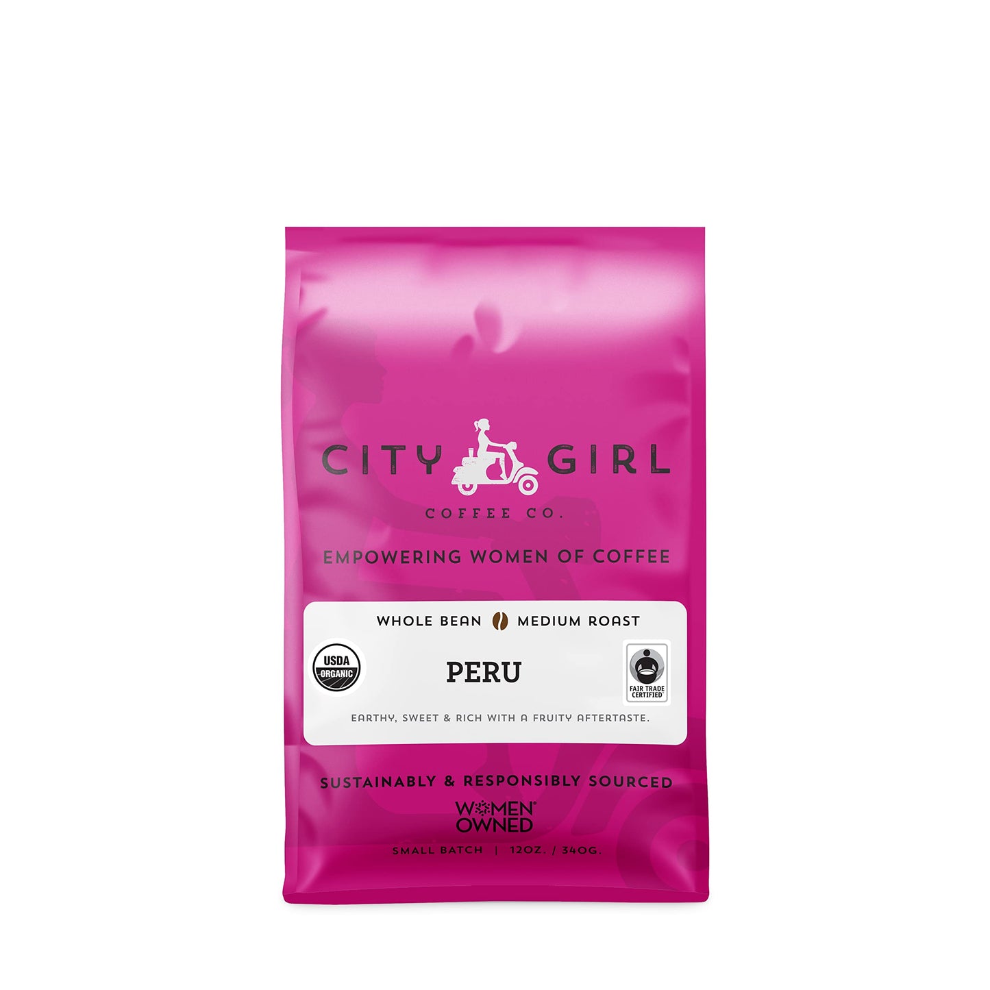 City Girl Coffee Organic Peru Medium Roast, Whole Bean, Fair Trade Single Origin, 12 oz Resealable Bag