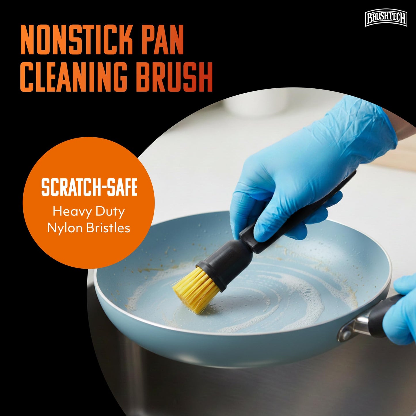 Brushtech Advanced Nonstick Pan Cleaning Brush - Scratch-Safe Heavy Duty Kitchen Scrubber for Cookware, Pots & Skillets, Designed for Residue & Grease