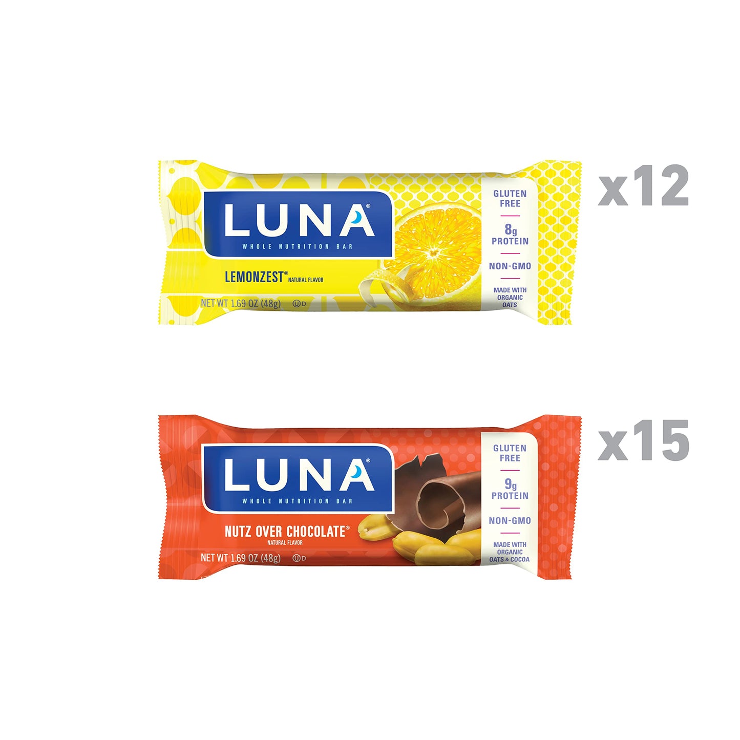 LUNA Bar - Gluten Free Snack Bars - Lemonzest 12ct + LUNA - Gluten Free Snack Bars - Nutz Over Chocolate 15ct