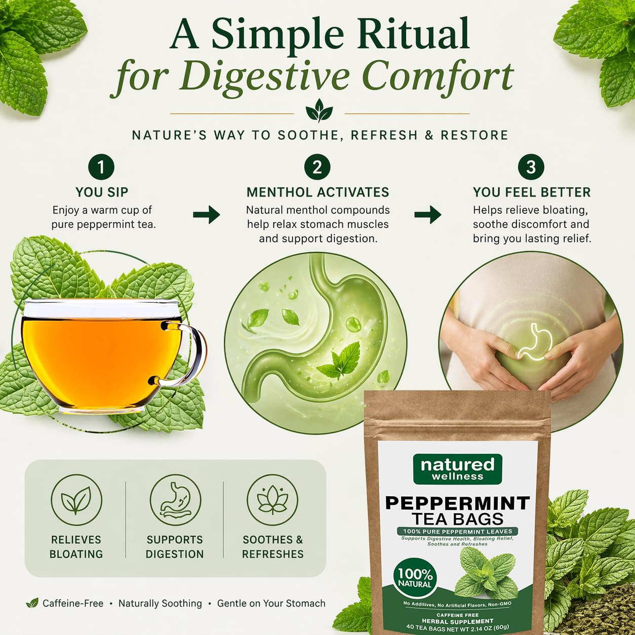 Peppermint Tea Bags - Strong Mint for Digestion & Bloating Relief - Caffeine Free Herbal Tea - 100% Pure Peppermint Leaves, Fresh & Aromatic, Non-GMO