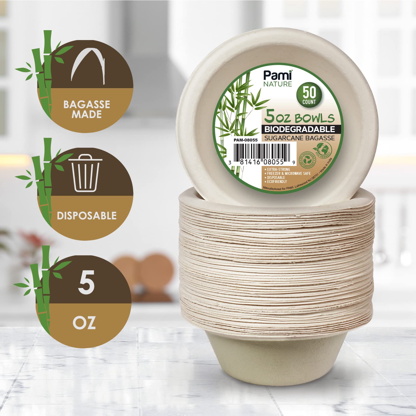 PAMI 100% Biodegradable Sugarcane Bowls [Pack of 50] Natural Compostable Soup Bowls- Planet-Friendly Bagasse Bowls For Hot & Cold Uses- Heavy-Duty