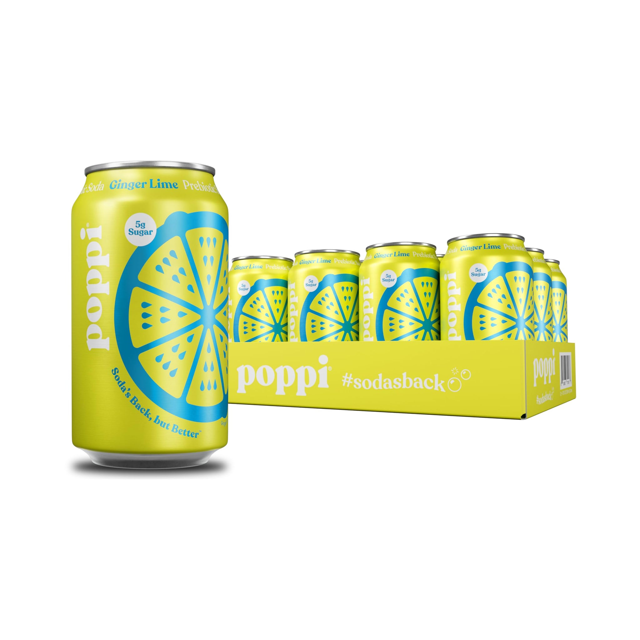 Poppi Sparkling Prebiotic Soda Beverage with Apple Cider Vinegar, Seltzer Water and Fruit Juice, Ginger Lime Flavor, 12 FL Oz, Pack of 12, Packaging