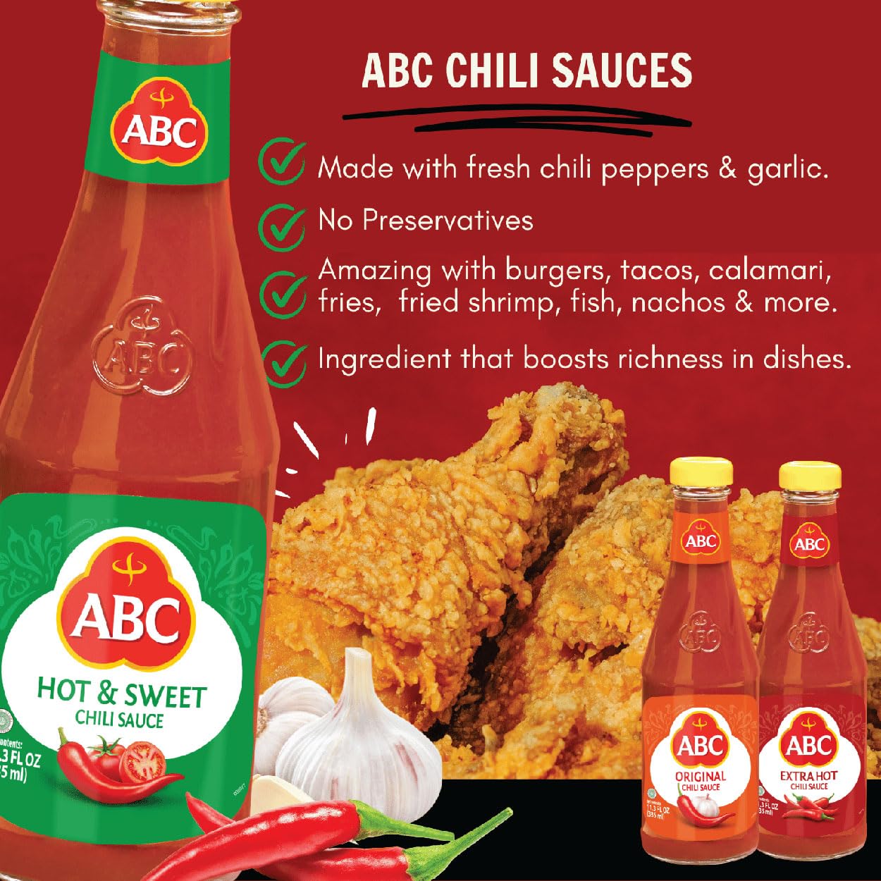 ABC Hot & Sweet Chili Sauce, 11.3 Oz, Spicy Sriracha Style Sambal, No MSG, Umami Flavor, Indonesian BBQ Dip Made with Chili & Garlic