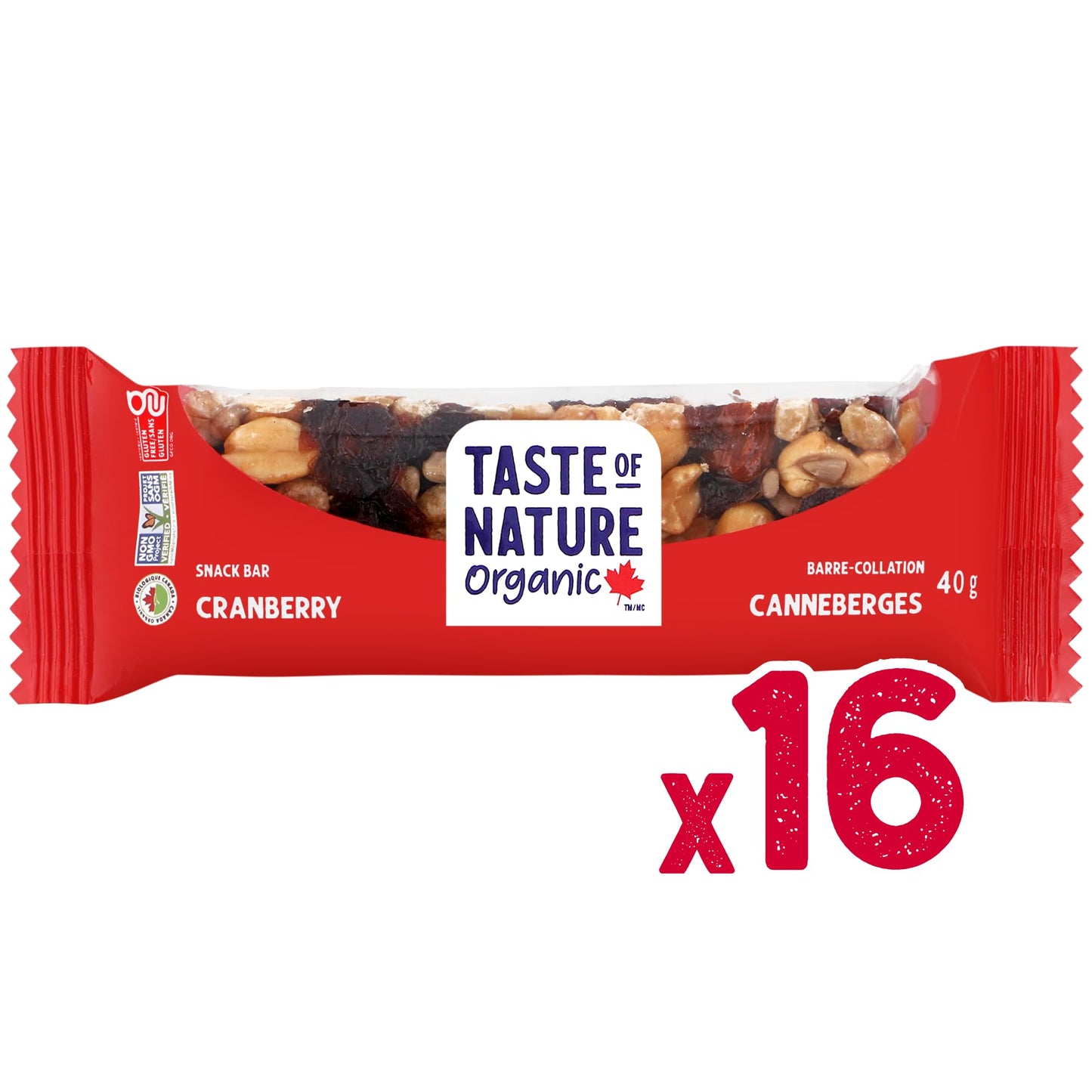 Taste of Nature Organic Cranberry Snack Bar - Healthy, Gluten Free, Non GMO, Vegan Snack Bars with Mixed Nuts, Fruits and Seeds - 16 Snack Pack x 40g