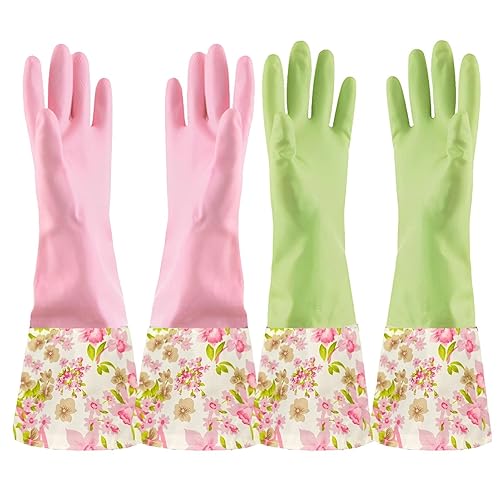 KINGFINGER Rubber Waterproof Dishwashing Gloves for Kitchen, Latex-Free Precision Flocking Household Cleaning Gloves (2 Pair, Large)