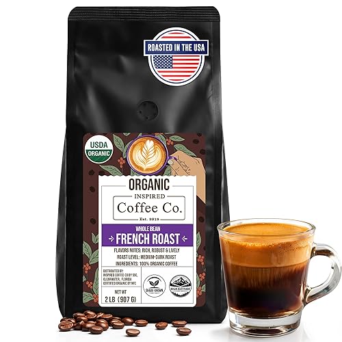 Inspired Coffee Organic Whole Beans Dark Roast Coffee, 2 lb (32 oz) French Roast Arabica - Super Crema, Smooth & Bold - Perfect for Espresso, Drip