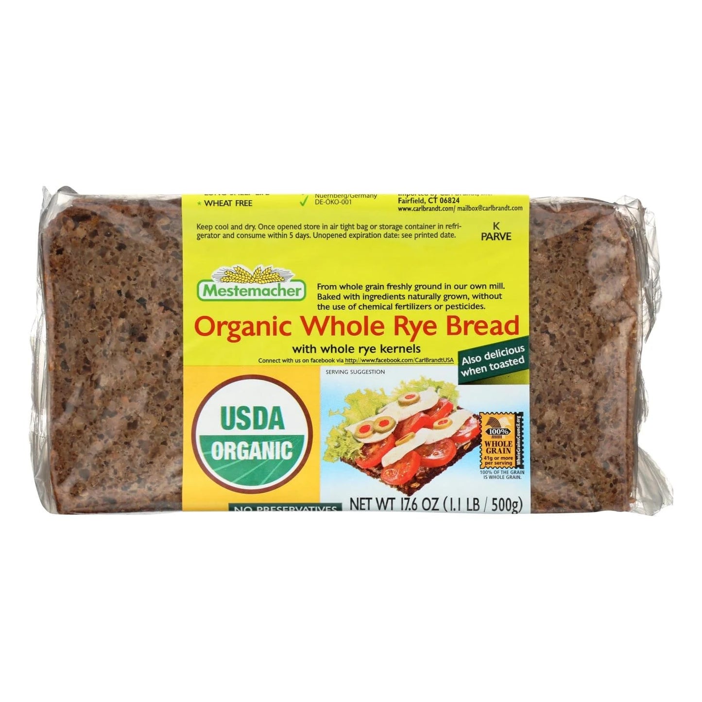 Mestemacher Organic Whole Rye Bread, 17.6 Oz - Authentic German Whole Grain Rye Bread | High Fiber, Dense European Bread, USDA Organic, Non-GMO, Ready