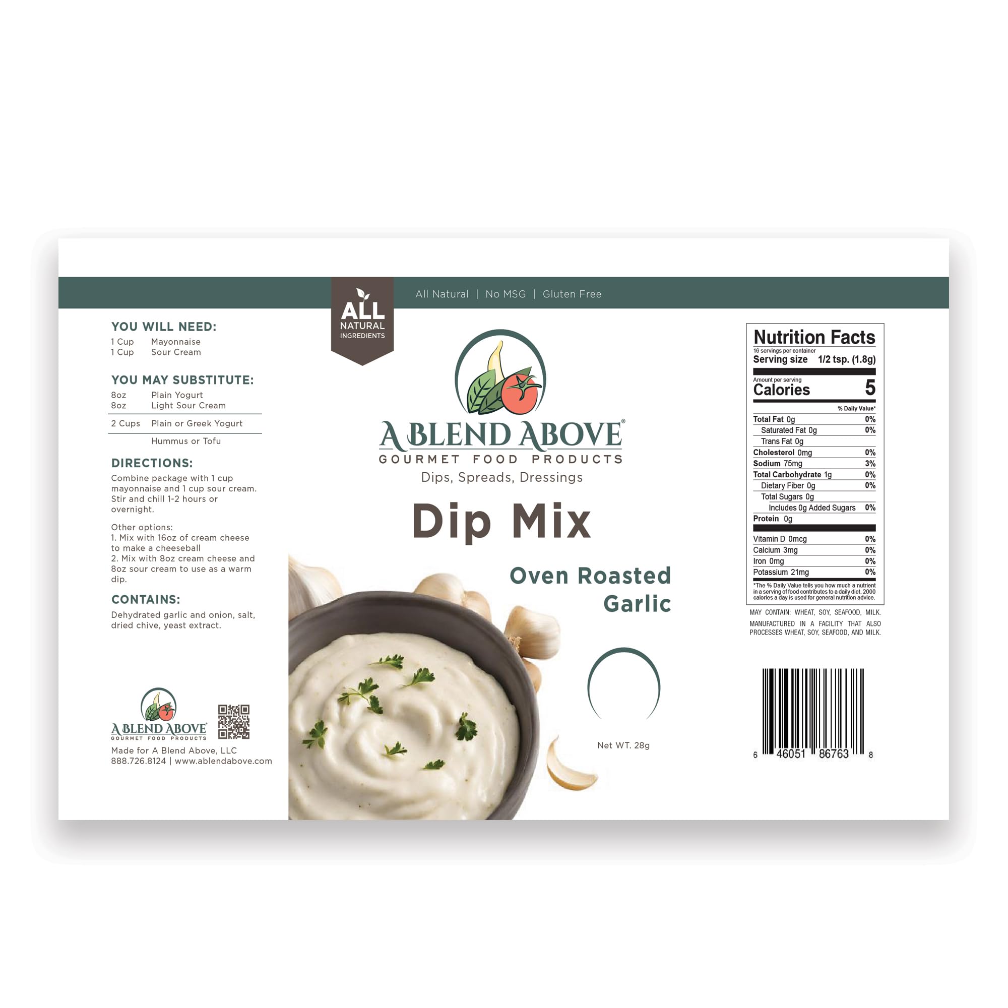 A Blend Above Oven Roasted Garlic Dip Mix, 1 oz, (3 Pack), Gluten-Free, No MSG, All Natural, No Preservatives, Vegetable Dip, Keto Friendly, Low Carb