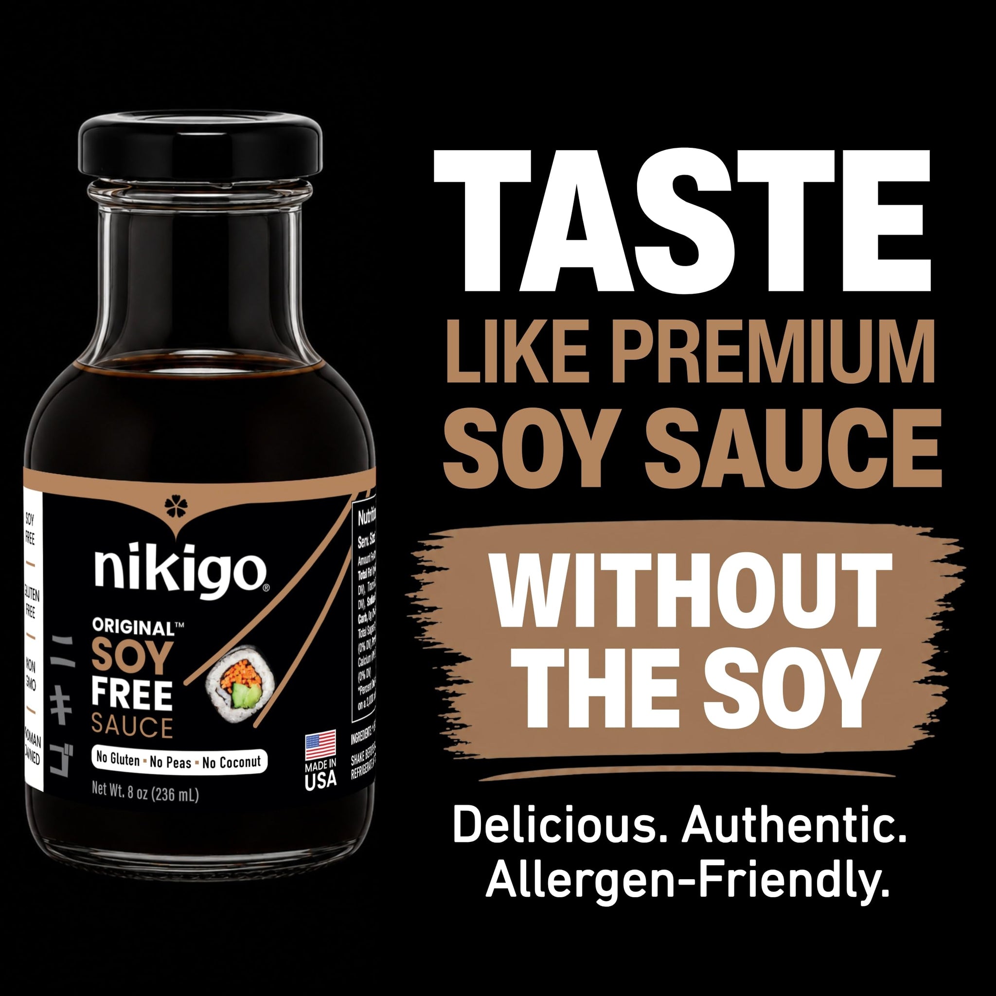 NIKIGO Original Soy Free Sauce - Premium Soy Sauce Replacement, Allergen-Friendly, Made with 3 Simple & Clean Ingredients, Mushrooms, Sea Salt, Water