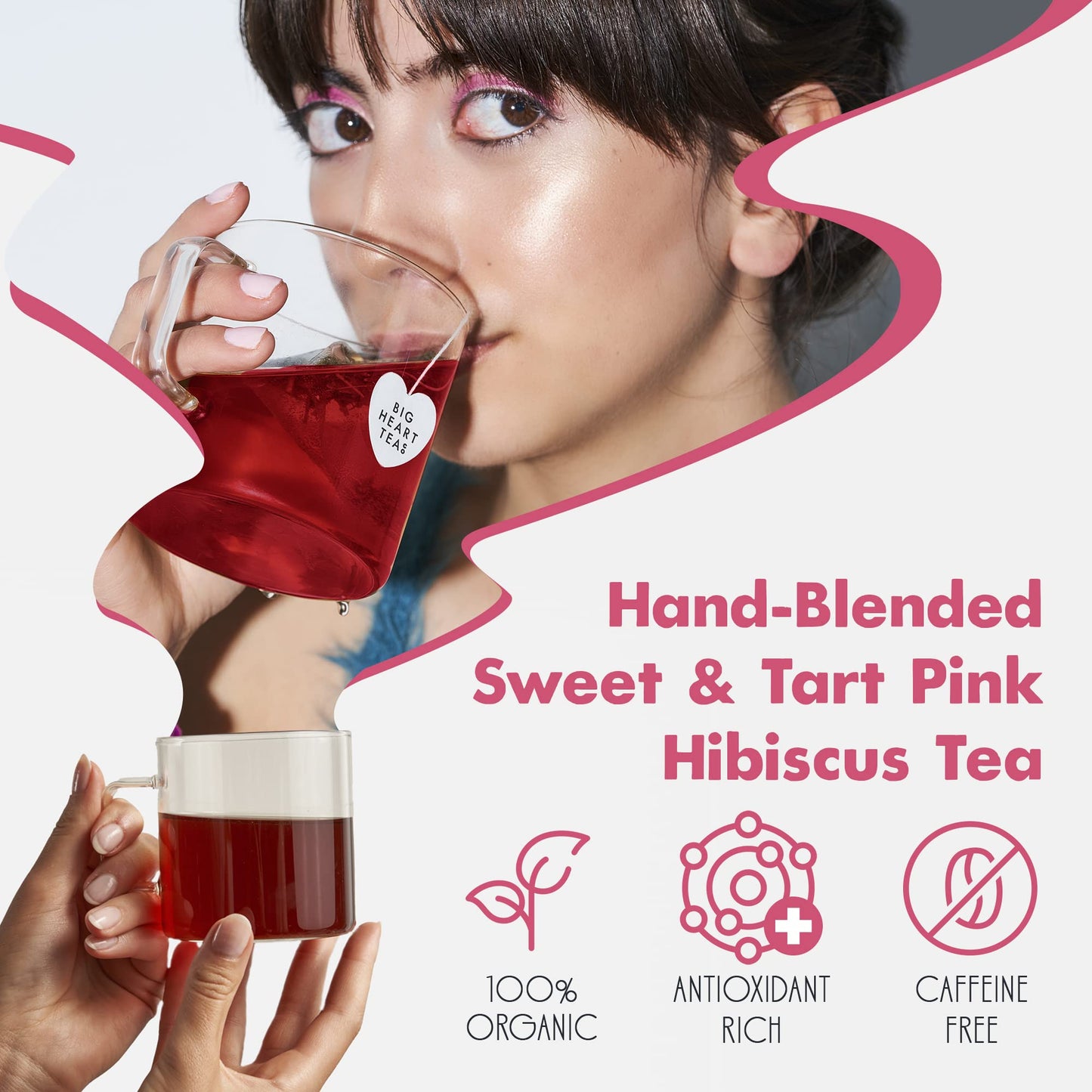 Big Heart Tea Co. Tea Bags - Blushing Pink Hibiscus - Certified Organic, Naturally Sweet Ayurvedic Herbal Decaf Tea with Small Batch Ground Herbs