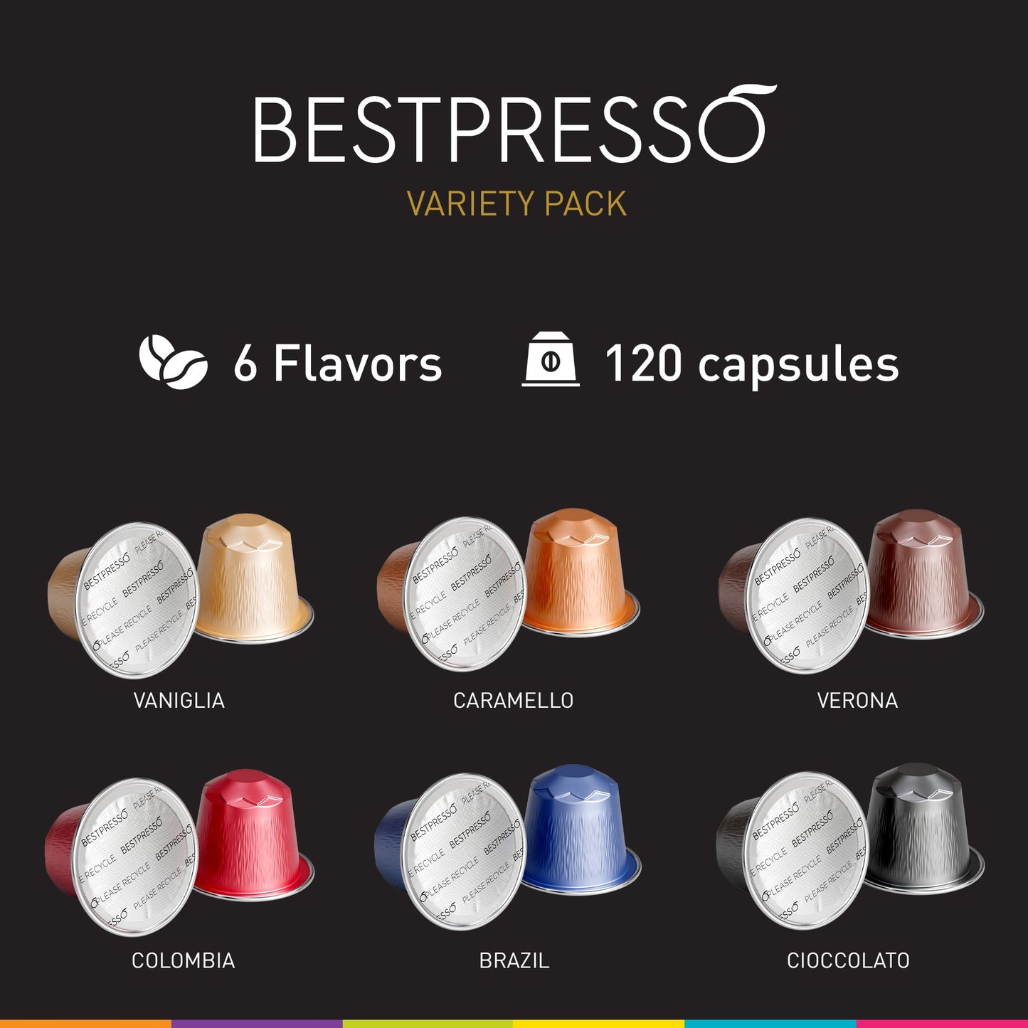Bestpresso Coffee for Nespresso Original Machine 120 Aluminum pods Certified Genuine Espresso Variety Pack mix Flavored and Dark roast, Pods