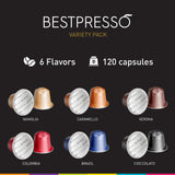 Bestpresso Coffee for Nespresso Original Machine 120 Aluminum pods Certified Genuine Espresso Variety Pack mix Flavored and Dark roast, Pods