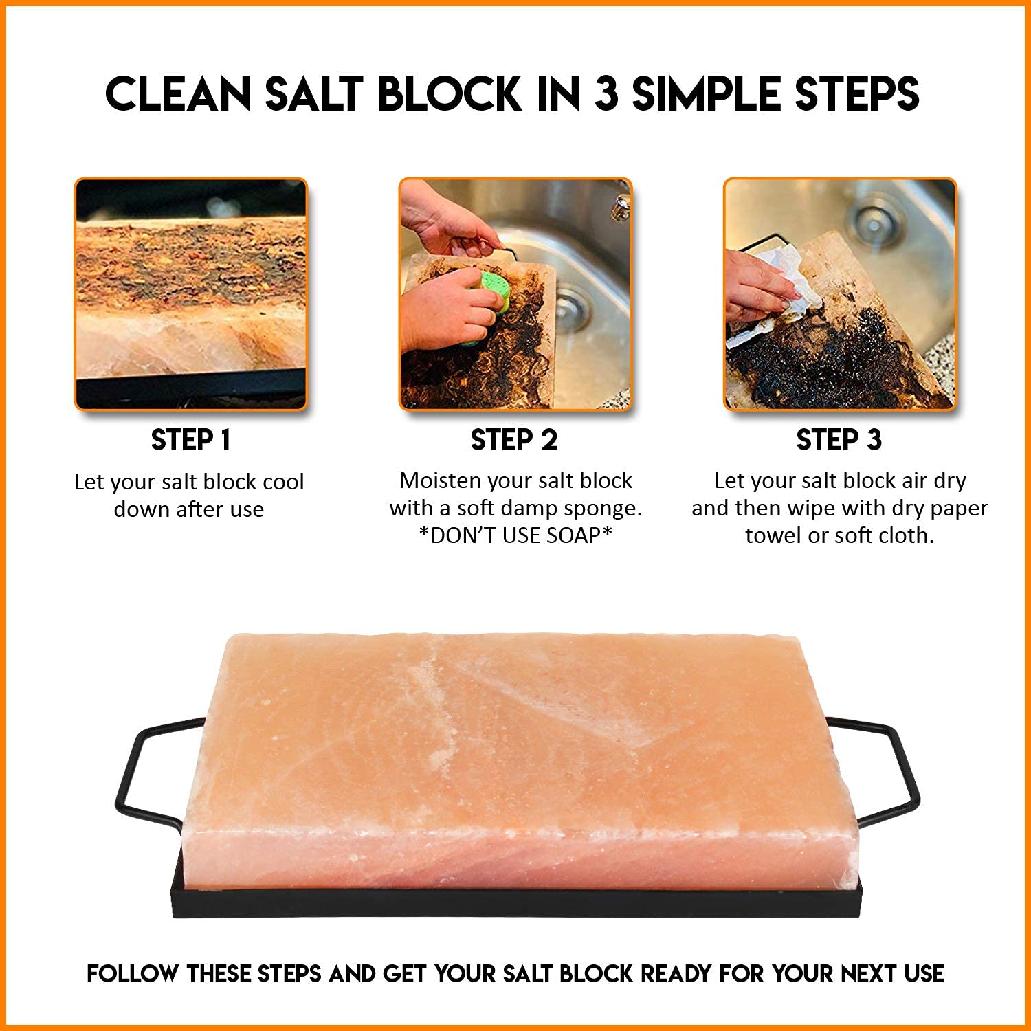 Himalite Himalayan Salt Block for Cooking - 12x8x1.5” Natural Rock Salt Plate with Stainless Steel Tray - Grill, Sear, Chill & Serve - Gourmet Gift