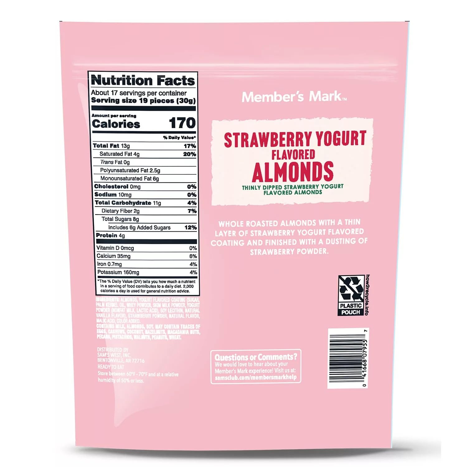 Member's Mark Strawberry Yogurt Flavored Almonds, 17.5 Ounces, Resealable Bag