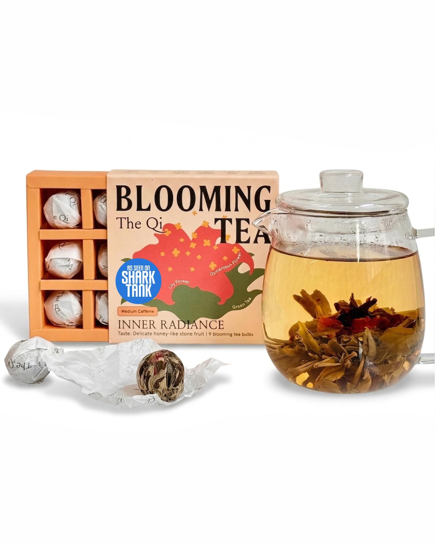 The-Qi Inner Radiance Osmanthus & Lily Blooming Flower w/Green Tea - 9 Pcs Handpicked All Natural Blooming Flower Tea - Gift Set for Inner Calm
