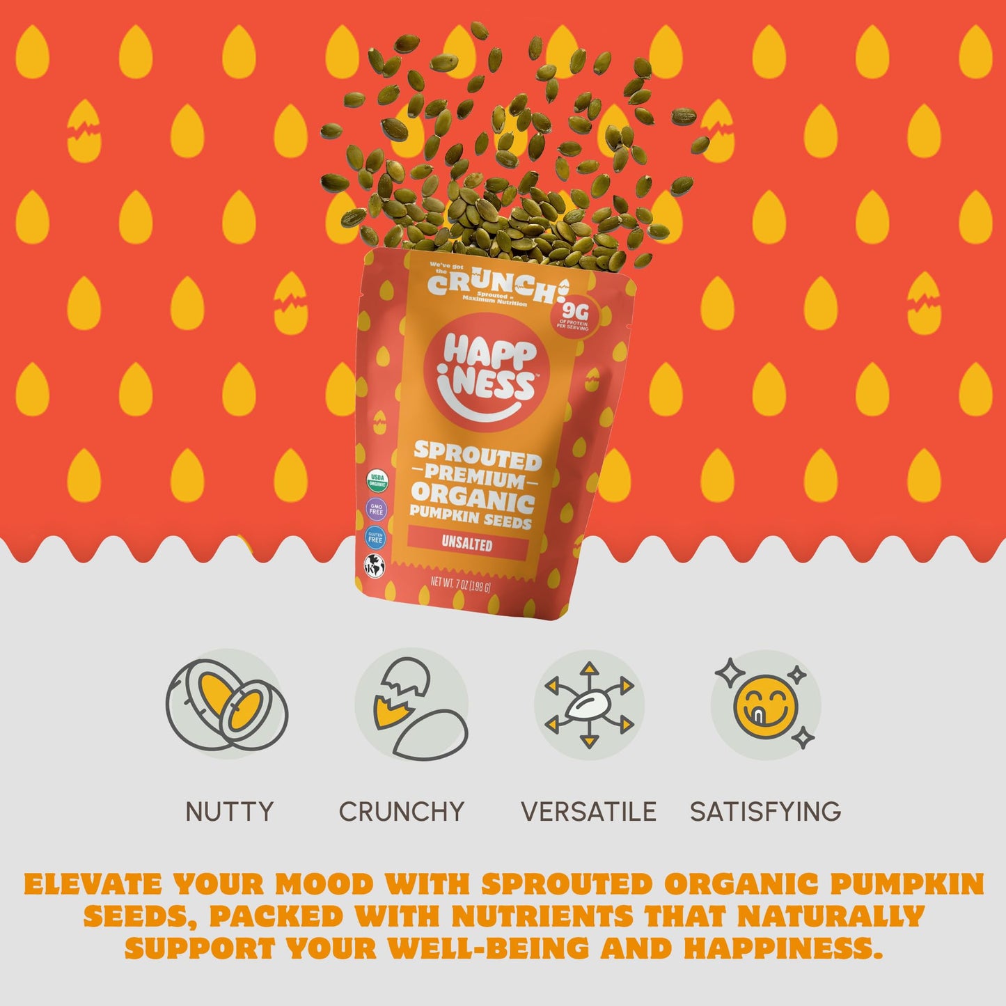 Happiness Foods™ Unsalted - Sprouted Organic Raw Pumpkin Seeds - High Protein, Certified USDA Organic, Non-GMO, Low Carb, Vegan, Gluten-Free Snacks