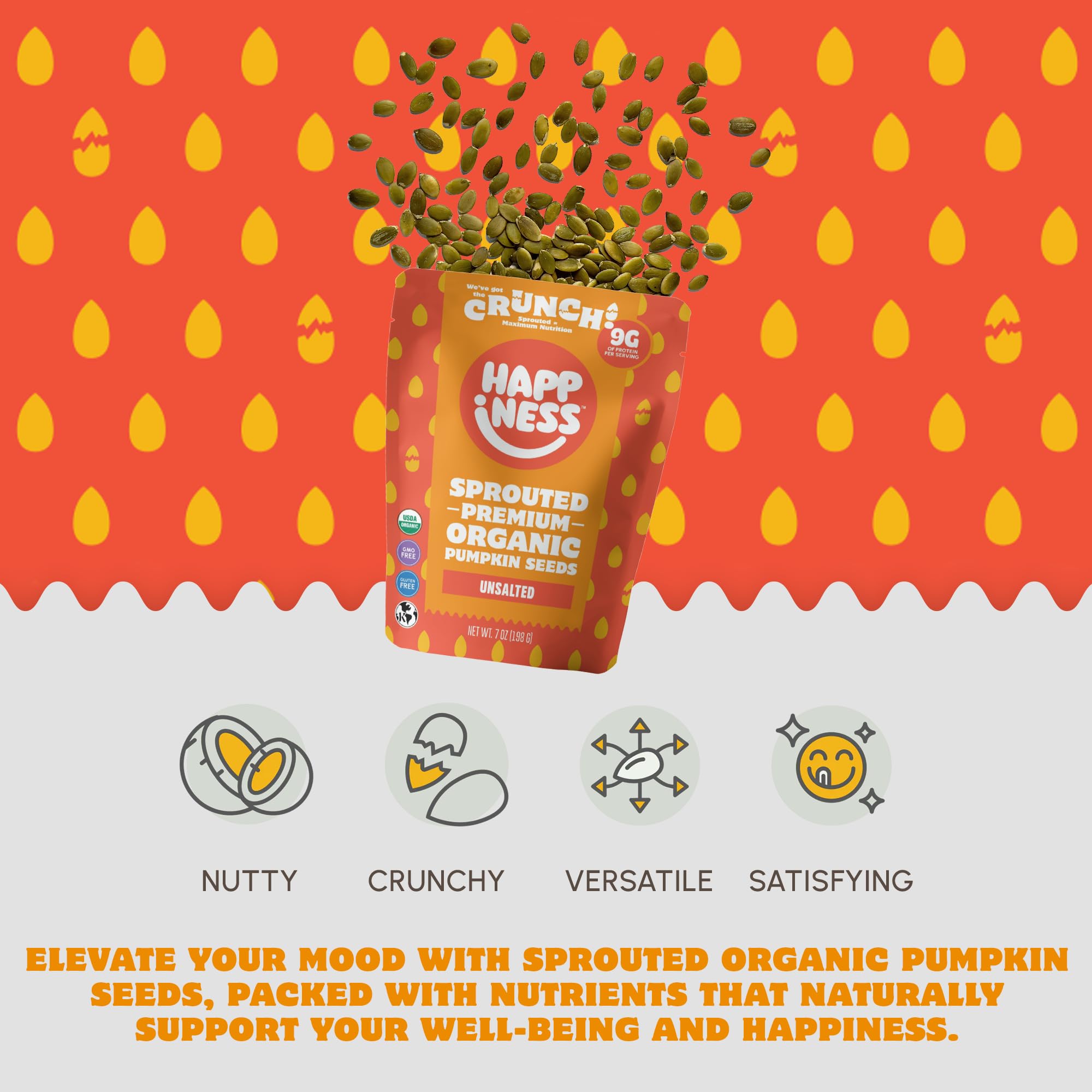 Happiness Foods™ Unsalted - Sprouted Organic Raw Pumpkin Seeds - High Protein, Certified USDA Organic, Non-GMO, Low Carb, Vegan, Gluten-Free Snacks