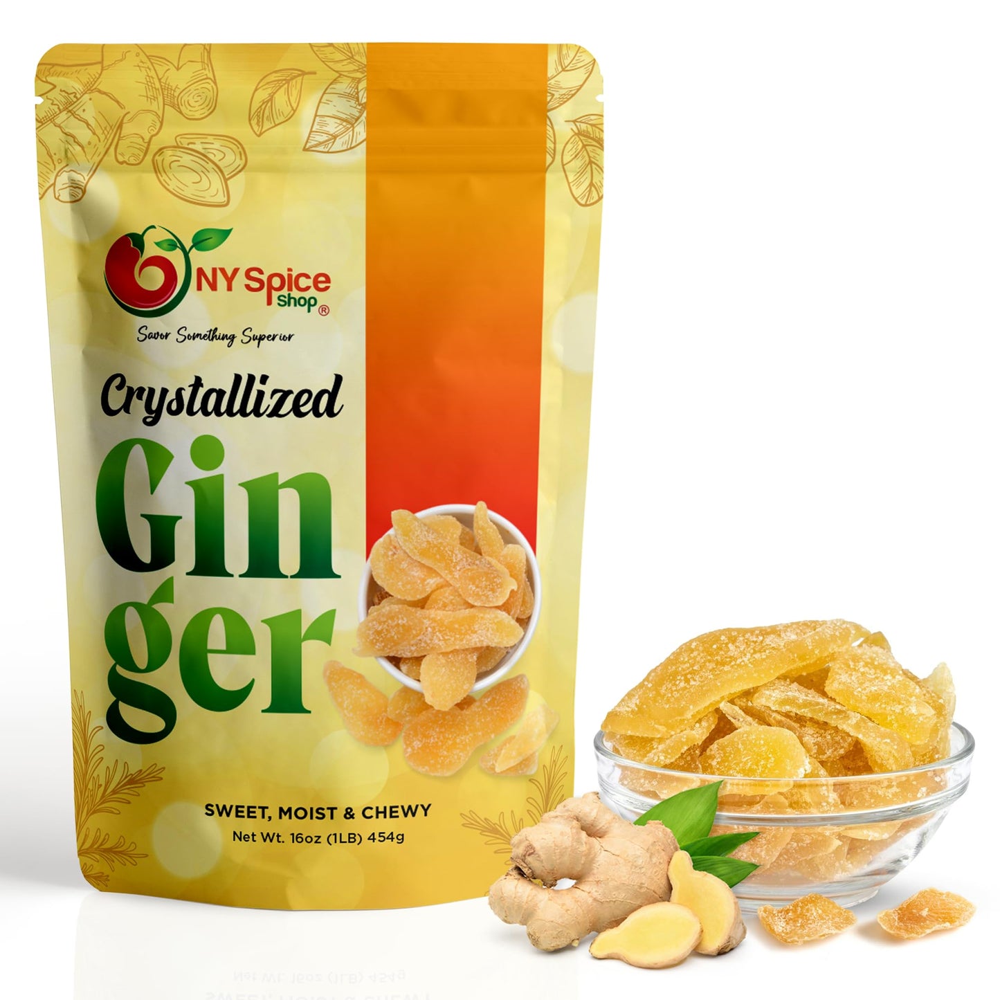 NY SPICE SHOP Candied Ginger Slices - (16 Oz.) 1 Pound Crystallized Ginger Slices - Ginger Hard Candy - Candied Ginger Pieces - Crystallized Ginger