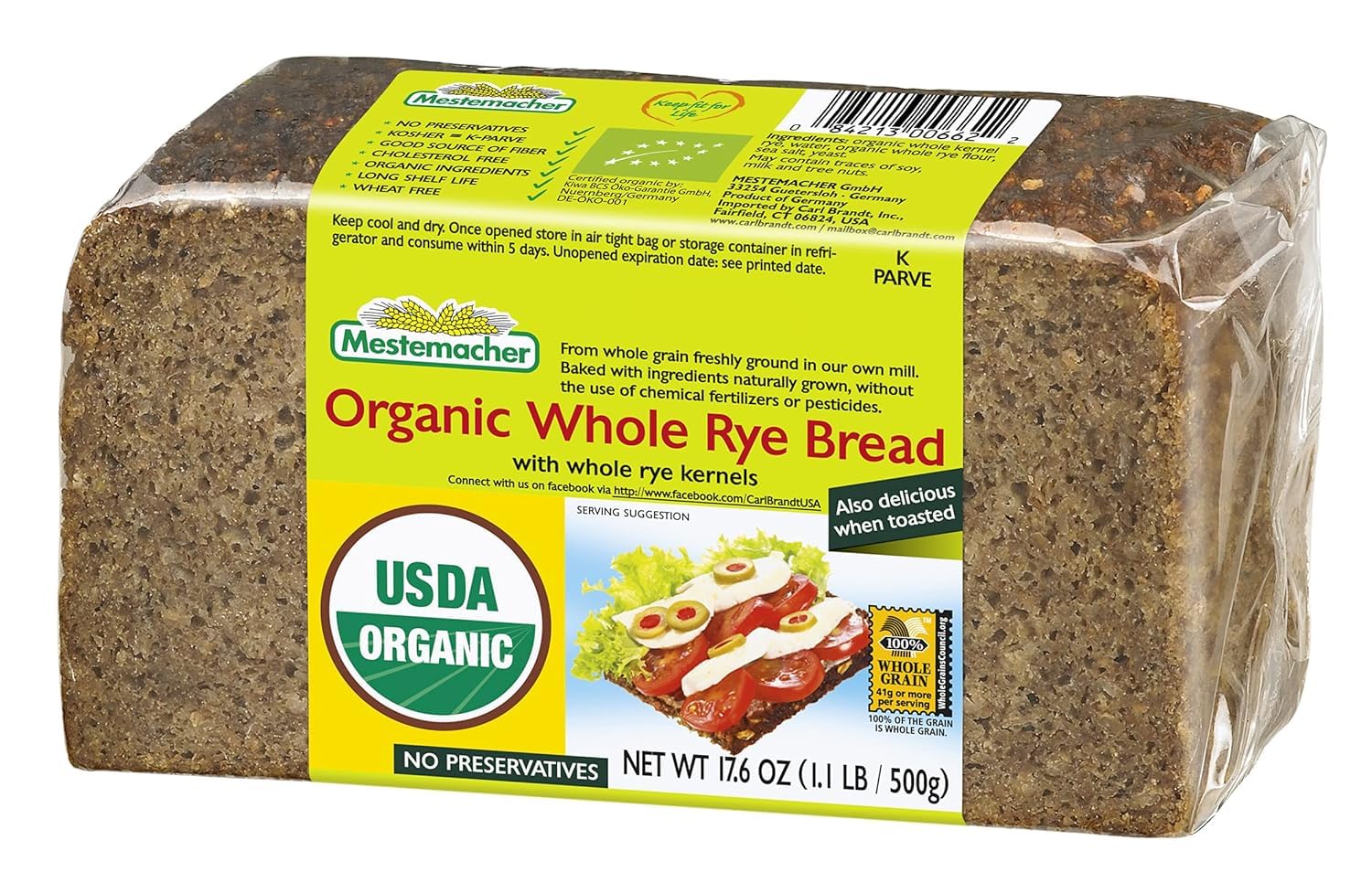 Mestemacher Organic Whole Rye Bread, 17.6 Oz - Authentic German Whole Grain Rye Bread | High Fiber, Dense European Bread, USDA Organic, Non-GMO, Ready