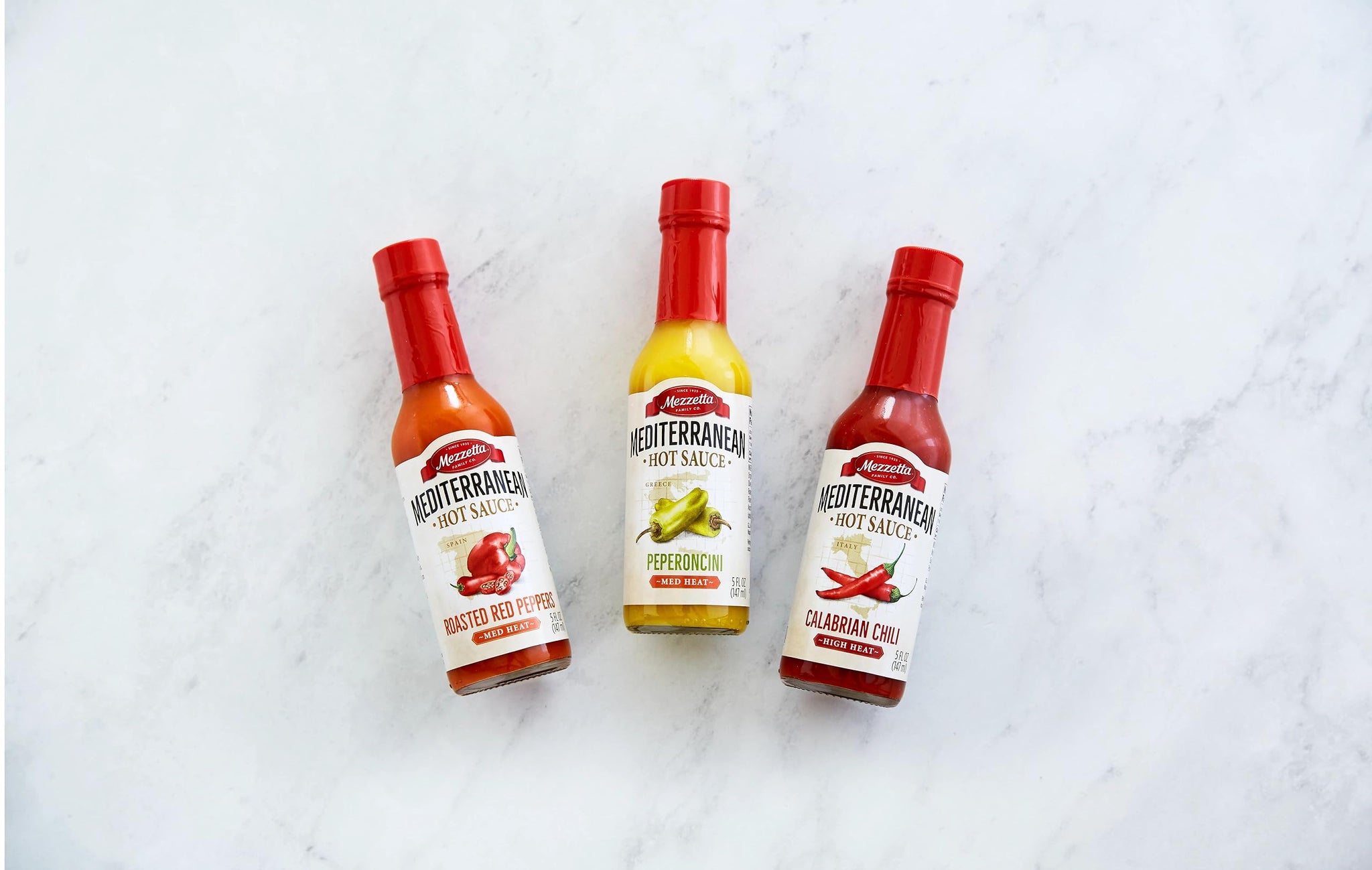 Mezzetta Hot Sauce Sampler with Peperoncini, Roasted Red Peppers & Calabrian Chili | Non-GMO | 5 Fluid Ounce Jar (Pack of 3)