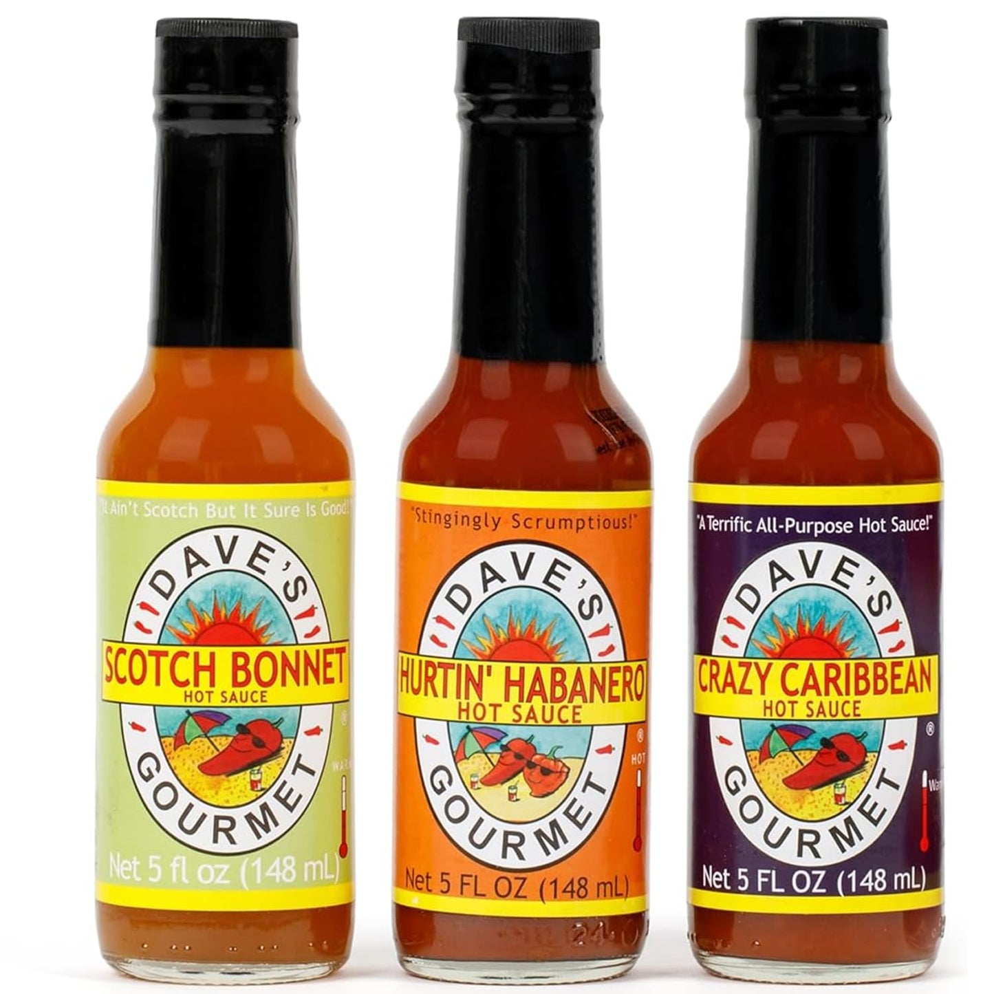 Dave's Gourmet The Slow Burn Bundle - Scotch Bonnet, Hurtin Habanero, & Crazy Caribbean, 5 oz Hot Sauce Bottles (Variety Pack of 3) - Gluten-Free, No