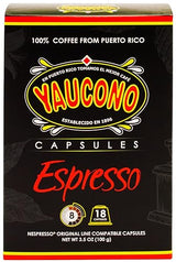 Yaucono Espresso Capsules, Espresso Roast, 100 Percent Coffee from Puerto Rico Compatible with Nespresso Machines, 18 Count (Pack of 1)