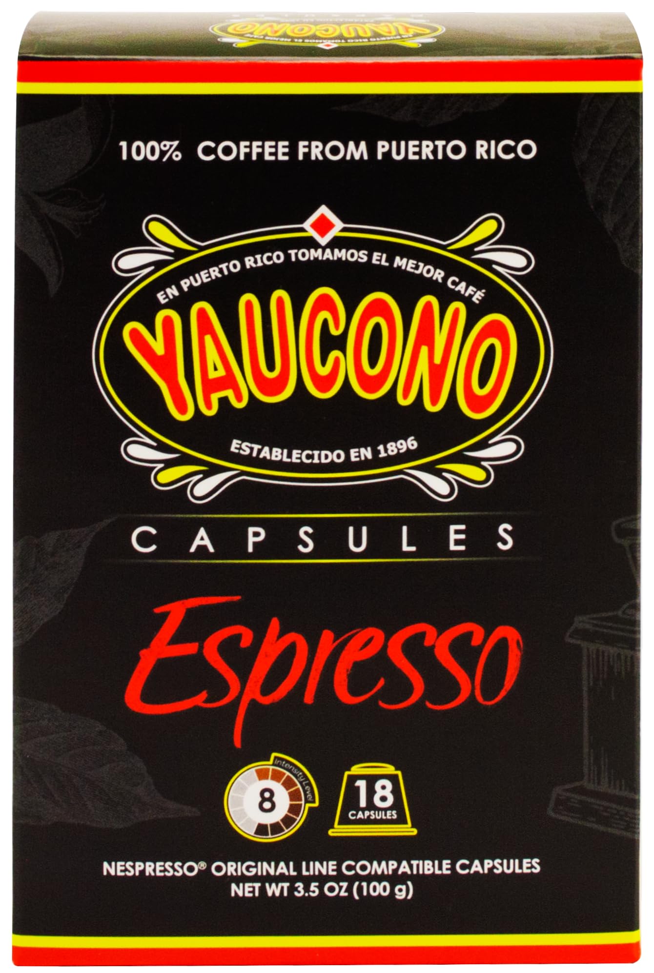 Yaucono Espresso Capsules, Espresso Roast, 100 Percent Coffee from Puerto Rico Compatible with Nespresso Machines, 18 Count (Pack of 1)