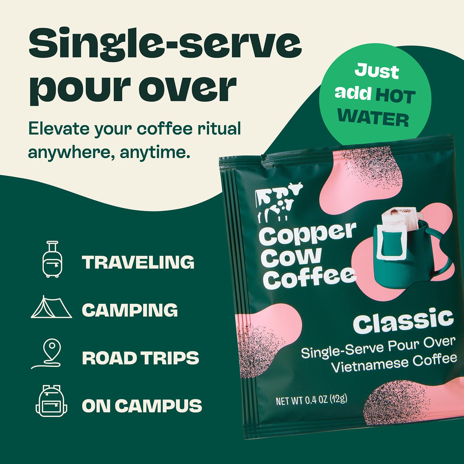 Copper Cow Coffee Premium Vietnamese Pour Over Coffee, 8 Pack | 0.4 oz Each | Classic Black Dark Roast | Single-Serve Robusta Filters | Bold, High