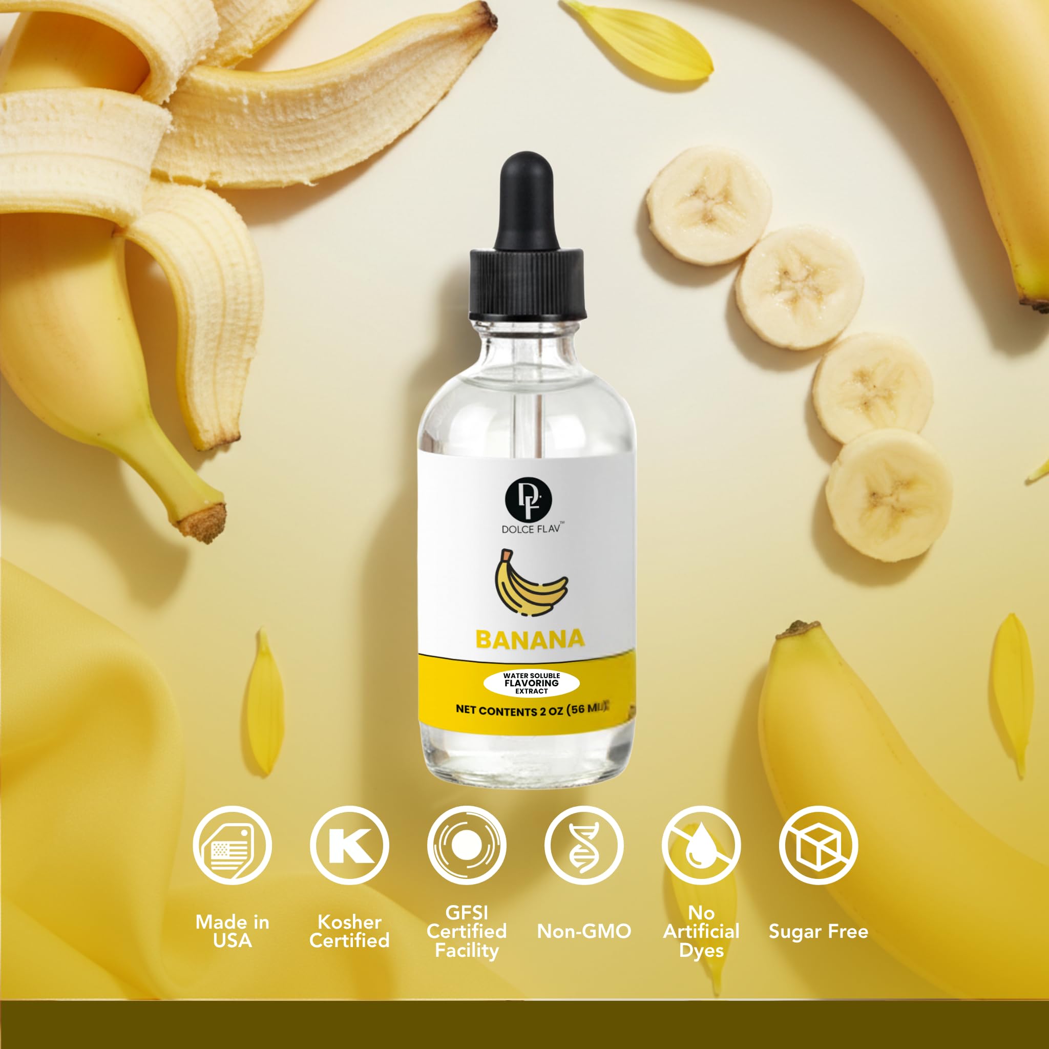 Dolce Flav Natural Banana Extract - 2 oz Water-Soluble Pure Banana Flavoring Drops for Baking, Smoothies & Desserts | Sugar Free, Allergen Free