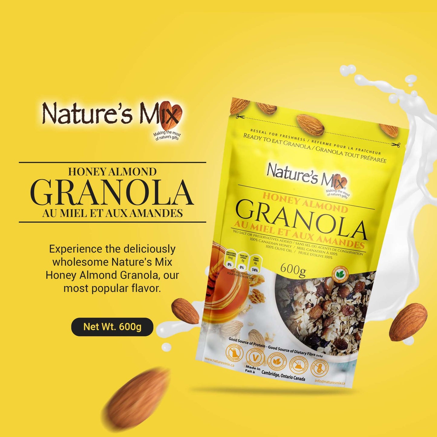 Nature's Mix - Honey Almond Granola - Almonds, Raisins, Dried Currants - Sweetened with Canadian Honey - No Sugar, Salt, or Preservatives - Large