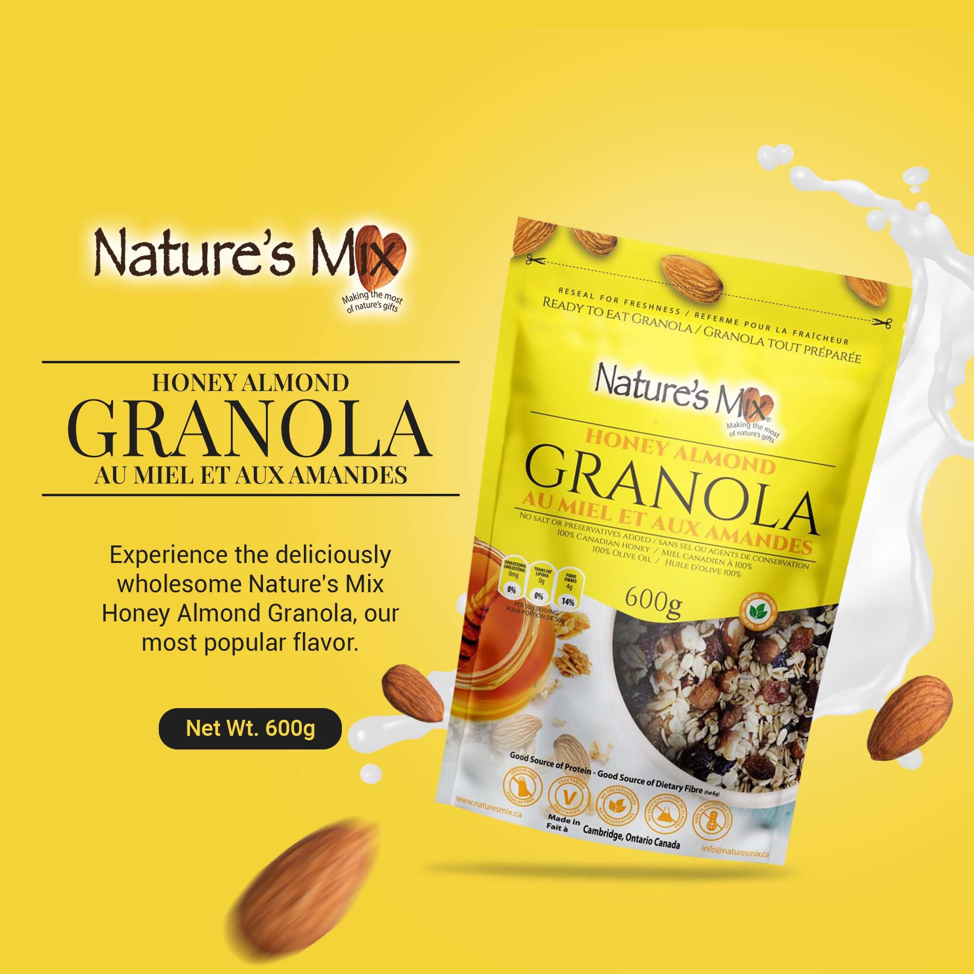 Nature's Mix - Honey Almond Granola - Almonds, Raisins, Dried Currants - Sweetened with Canadian Honey - No Sugar, Salt, or Preservatives - Large