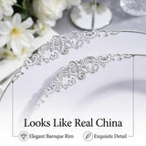 ZTDIXF 25 Pack 10.5 Inch Silver Rim Plastic Plates, Heavy Duty Disposable White Dessert & Salad Plates, Elegant Vintage Design Fancy Hard Tableware