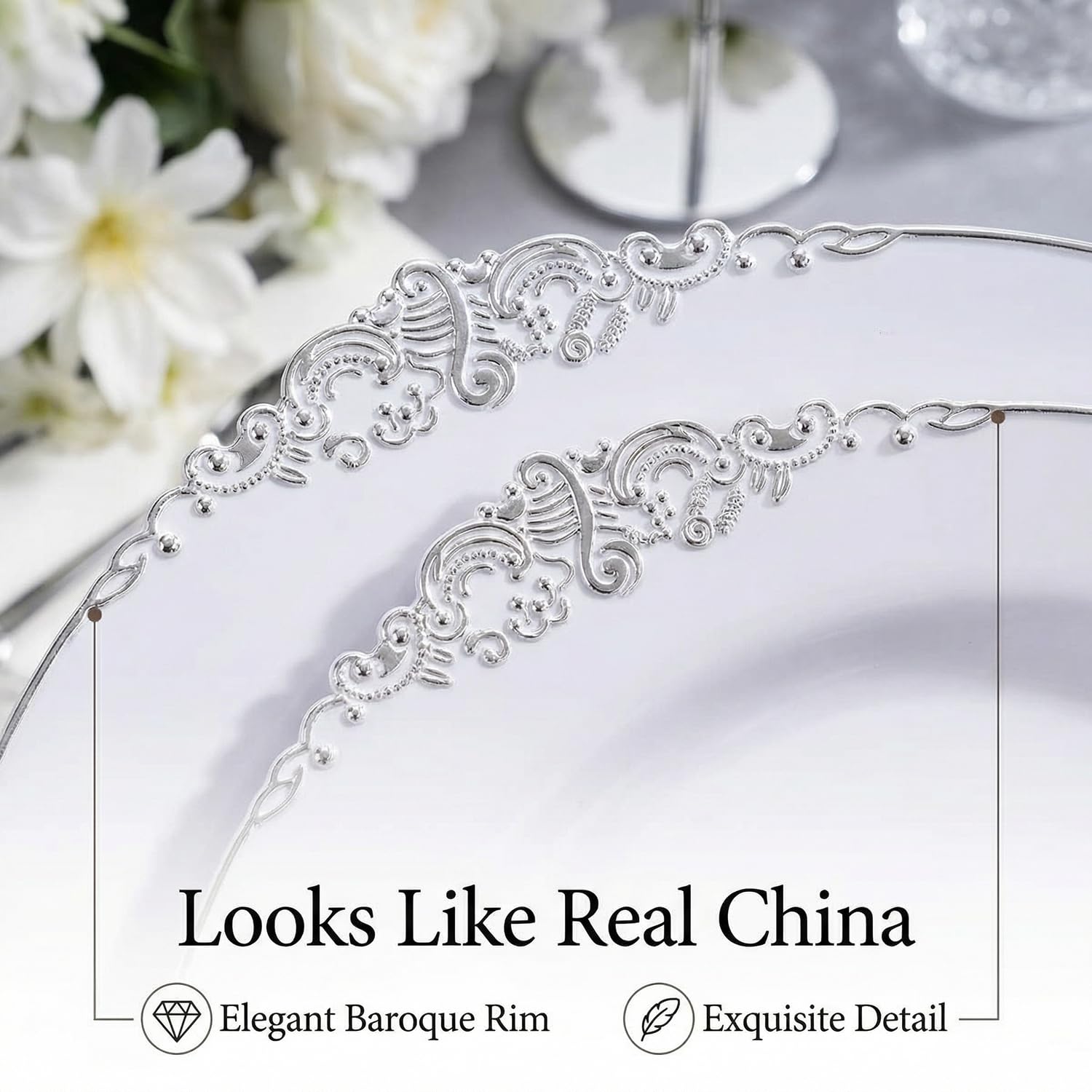 ZTDIXF 25 Pack 10.5 Inch Silver Rim Plastic Plates, Heavy Duty Disposable White Dessert & Salad Plates, Elegant Vintage Design Fancy Hard Tableware