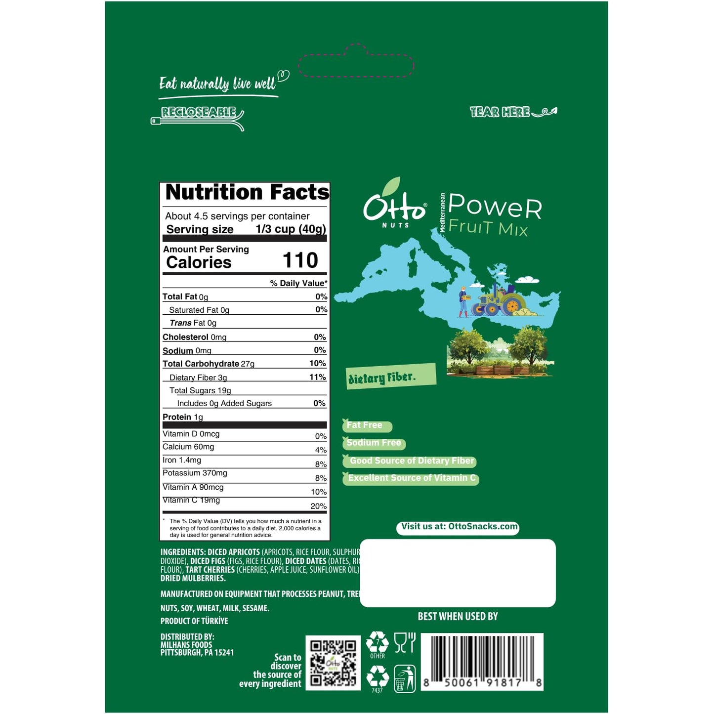 Otto Nuts - Mediterranean Power Fruit Mix, NON-GMO Good Source of Dietary Fiber | 6 OZ with Resealable Bag
